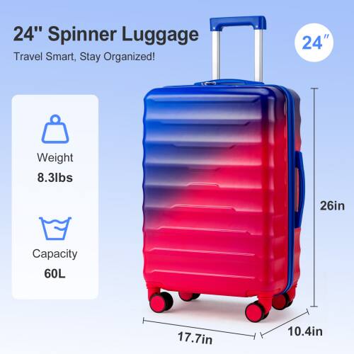 24" Spinner Luggage  
Travel Smart, Stay Organized!  

Weight: 8.3lbs  
Capacity: 60L  

Dimensions:  
- Height: 26in  
- Width: 17.7in  
- Depth: 10.4in