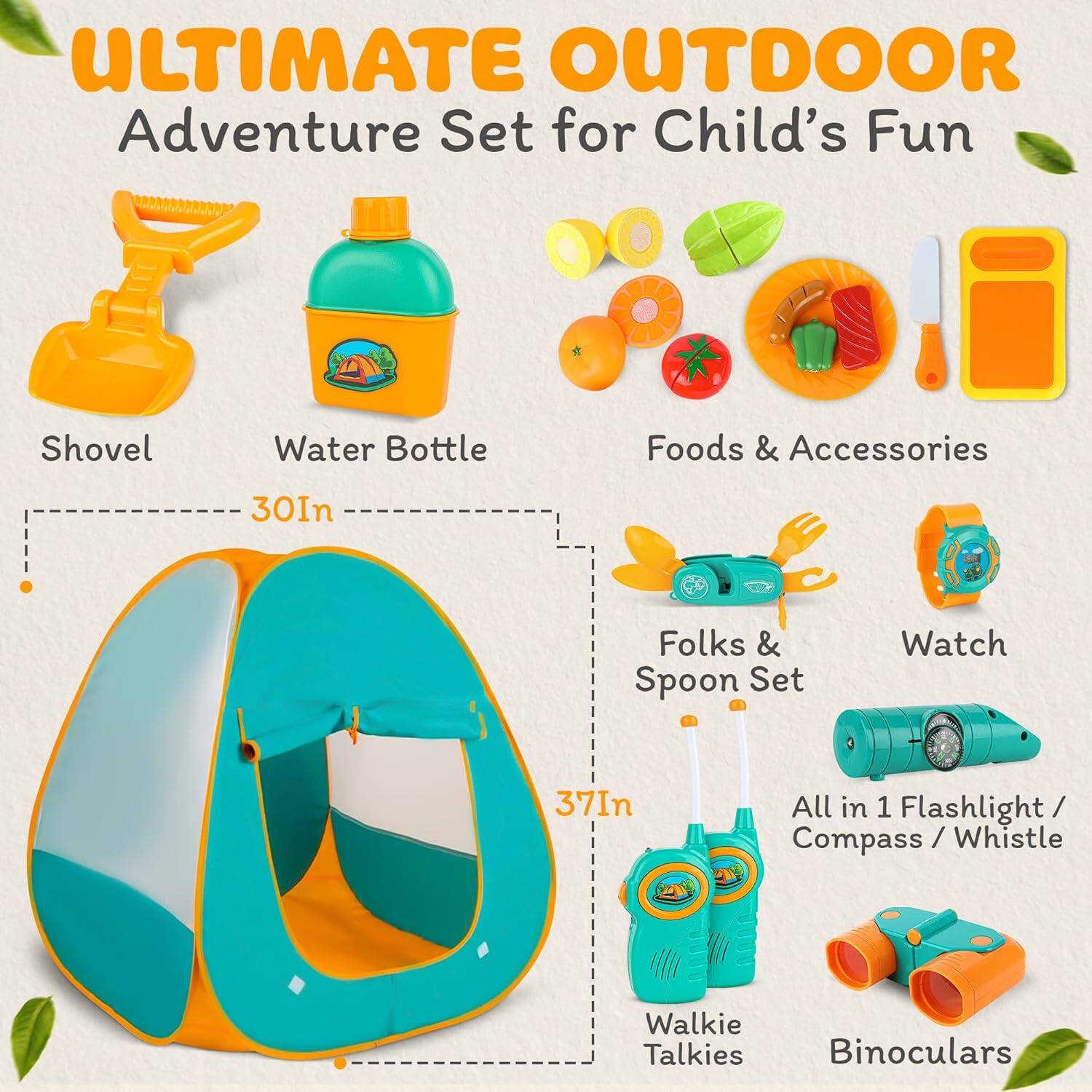 ULTIMATE OUTDOOR Adventure Set for Child's Fun

Shovel
Water Bottle
Foods & Accessories
30In
Folks & Spoon Set
Watch
37In
All in 1 Flashlight / Compass / Whistle
Walkie Talkies
Binoculars