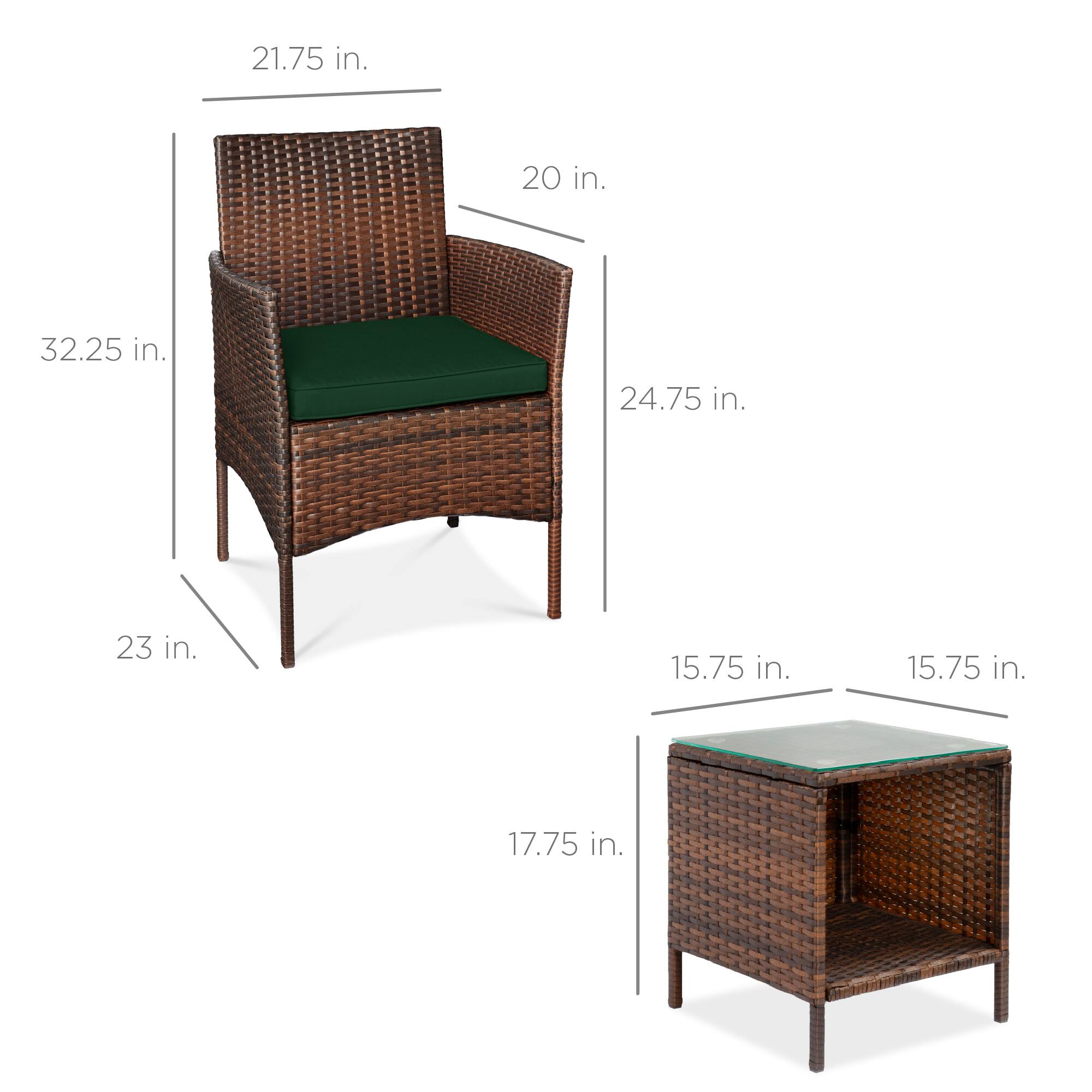 - Chair:
  - Height: 32.25 in.
  - Width: 21.75 in.
  - Depth: 24.75 in.
  - Seat Height: 17.75 in.
  - Seat Depth: 20 in.
  - Armrest Height: 23 in.

- Table:
  - Height: 15.75 in.
  - Width: 15.75 in.
  - Depth: 15.75 in.
