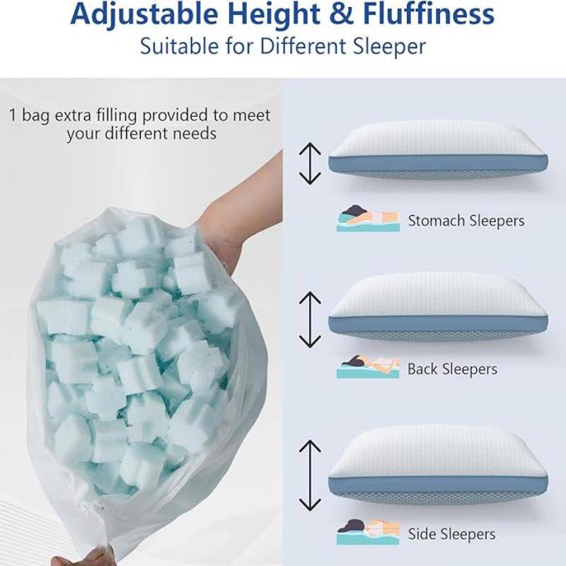Adjustable Height & Fluffiness Suitable for Different Sleepers

1 bag extra filling provided to meet your different needs

- Stomach Sleepers
- Back Sleepers
- Side Sleepers
