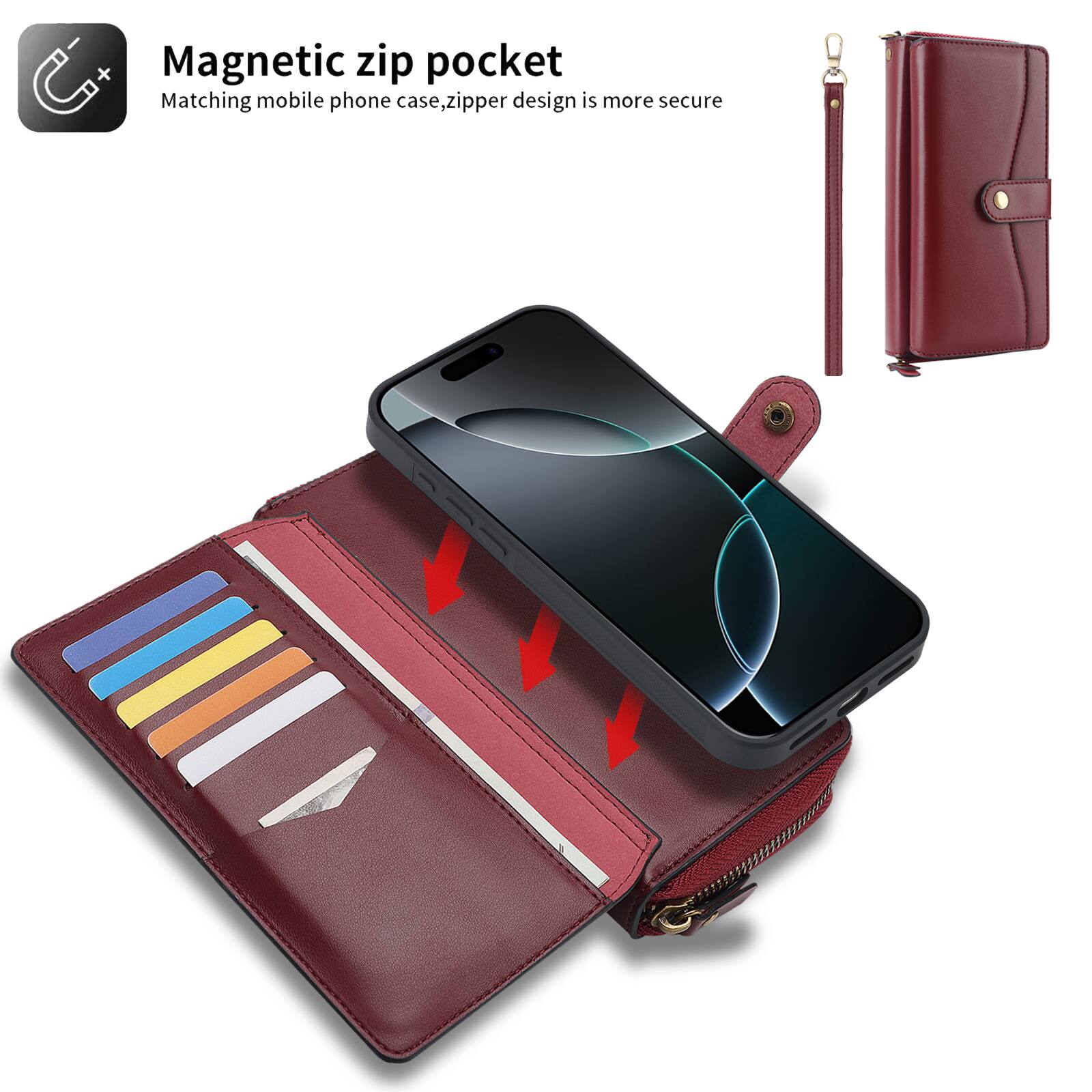 Magnetic zip pocket  
Matching mobile phone case, zipper design is more secure