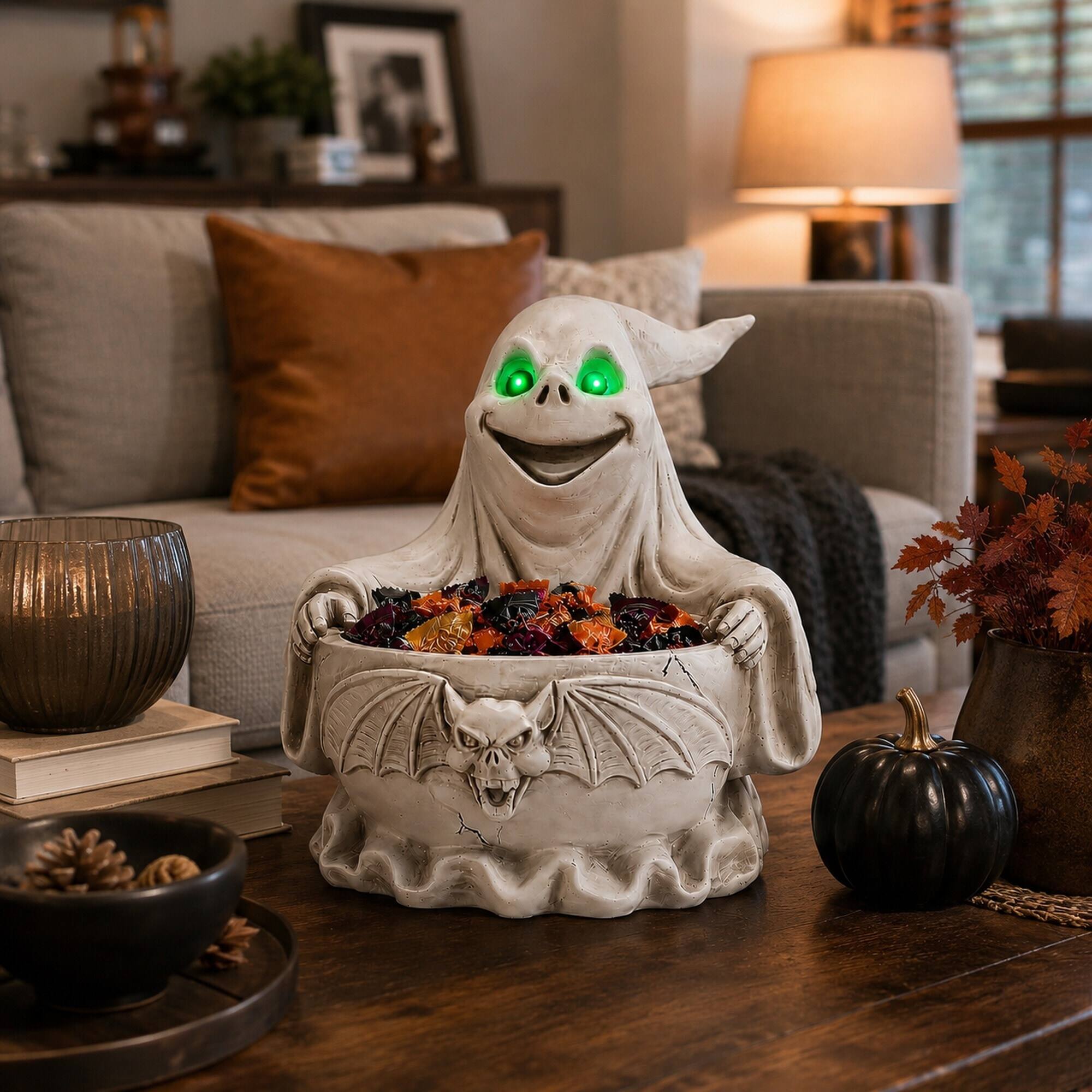 Angle. RYHNUYNE - Halloween Ghost Storage Bowl Figurine with LED Glowing Eyes, Spooky Candy Dish and Bat Decor for Party and Home - White.