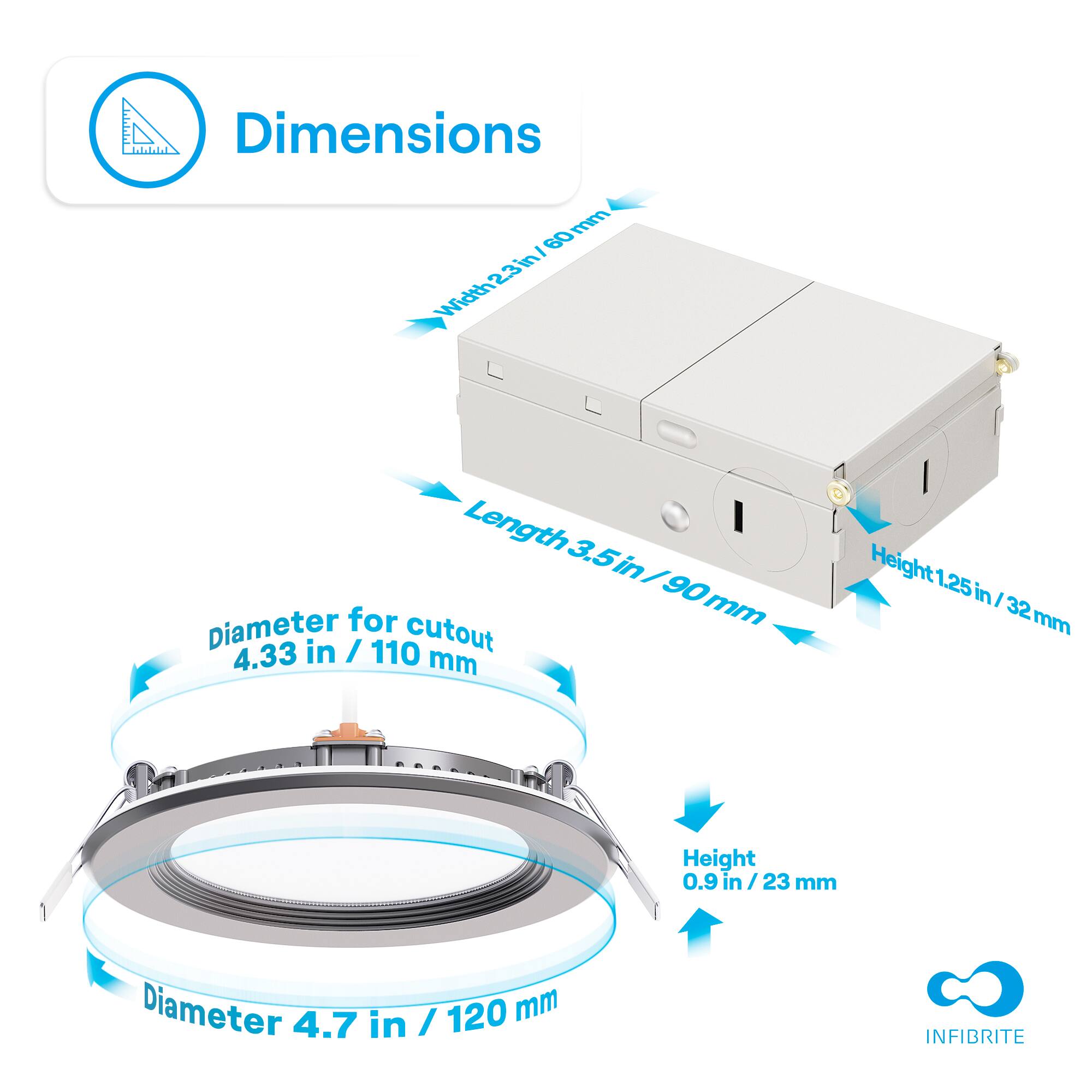 Dimensions:

- Width: 23 in / 60 mm
- Length: 3.5 in / 90 mm
- Height: 1.25 in / 32 mm

Diameter for cutout: 4.33 in / 110 mm

Diameter: 4.7 in / 120 mm

Height: 0.9 in / 23 mm

INFIBRITE