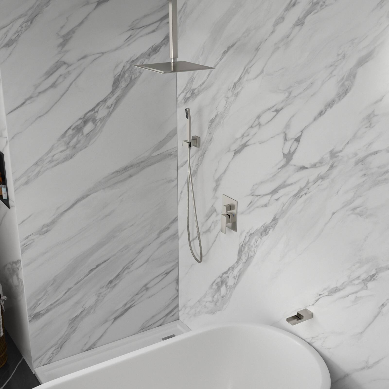 Back. Lordear - Shower System with Waterfall Tub Spout,16 Inch Ceiling Mount Square Shower System with Rough-in Valve,Brushed Nickel - Brushed Nickel.