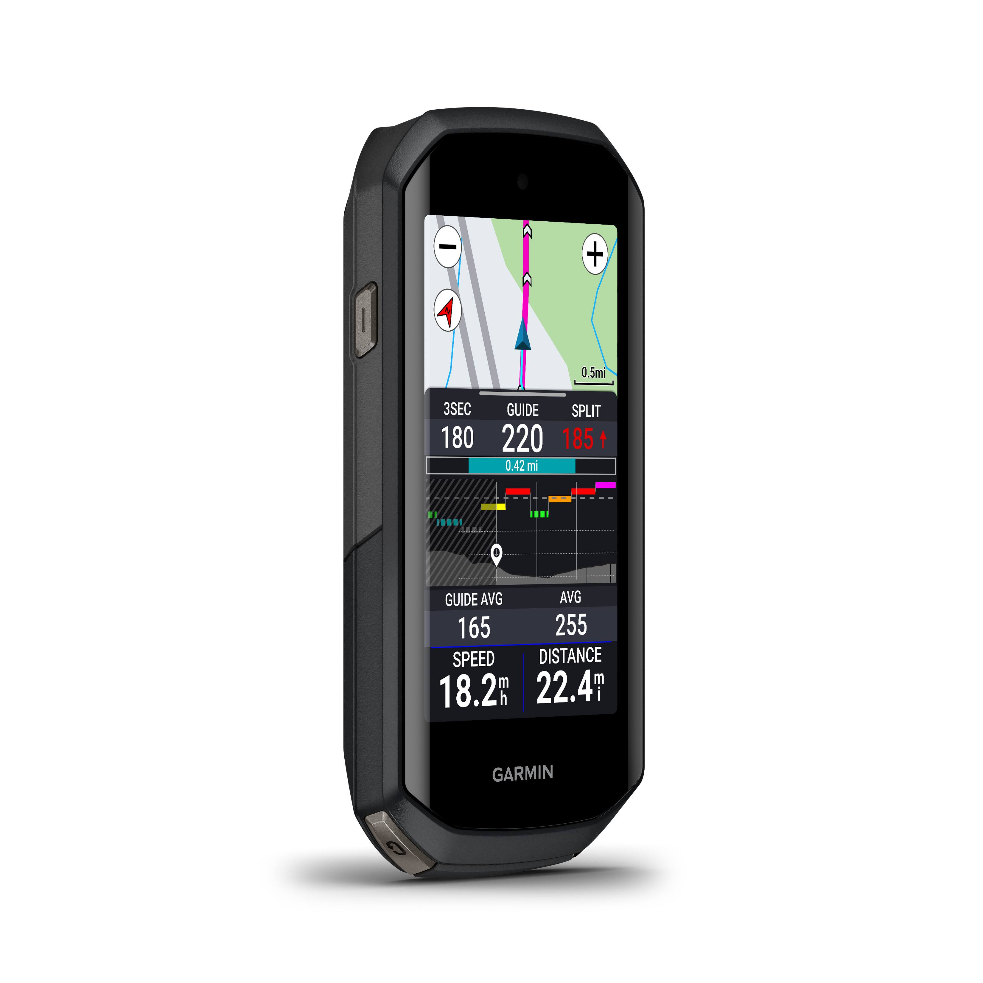 The image shows a Garmin device displaying a map and various data. The device is showing the distance, speed, and average speed. The map is displayed on the screen, providing guidance and information for the user. The device is designed to help users navigate and track their progress during outdoor activities, such as hiking or cycling.