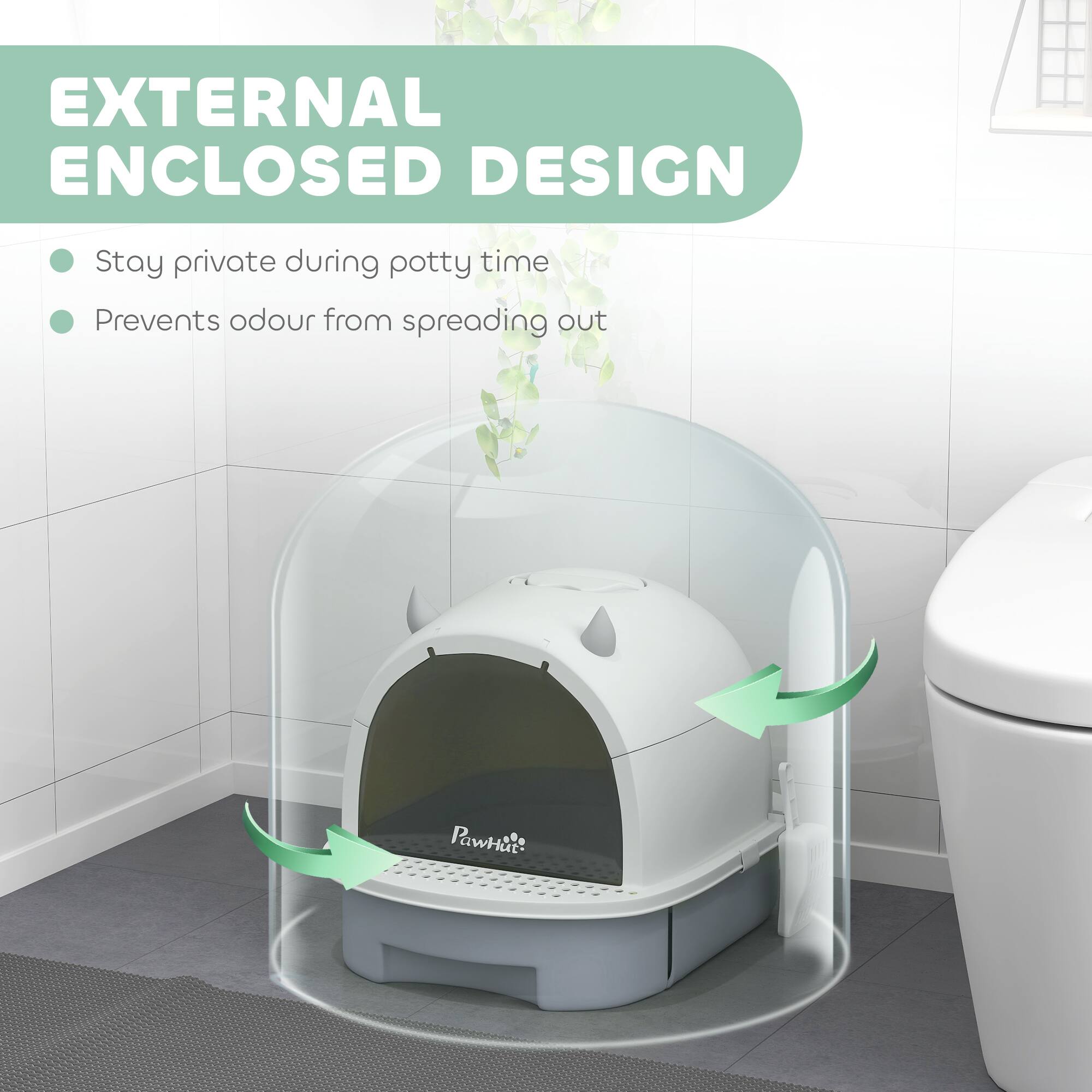 EXTERNAL ENCLOSED DESIGN

- Stay private during potty time
- Prevents odour from spreading out
