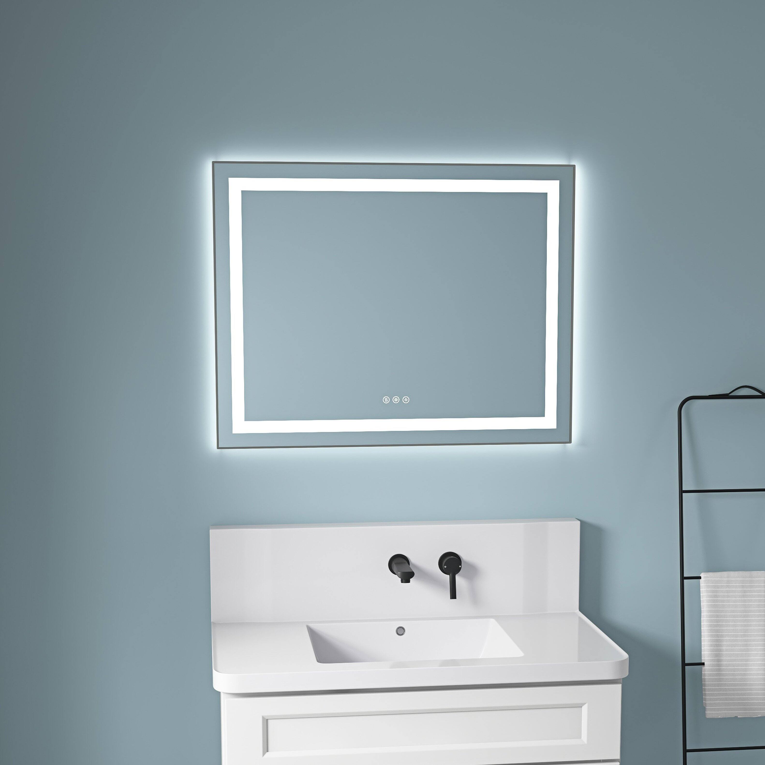 Front. TinyHomie - 36x28IN LED Bathroom Mirror Front Backlit Anti Fog 3 Color Dimmable Aluminum Frame.