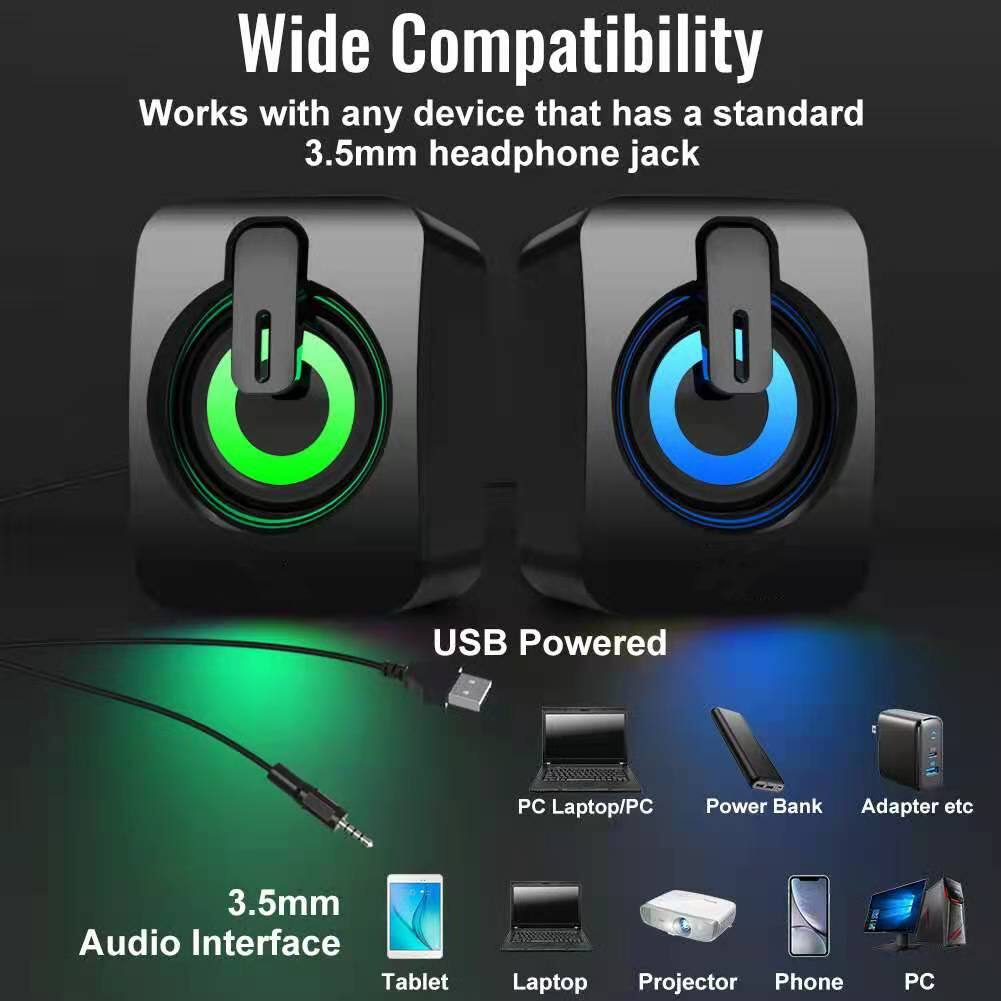 Wide Compatibility  
Works with any device that has a standard 3.5mm headphone jack  

USB Powered  
PC Laptop/PC  
Power Bank  
Adapter etc  

3.5mm Audio Interface  
Tablet  
Laptop  
Projector  
Phone  
PC
