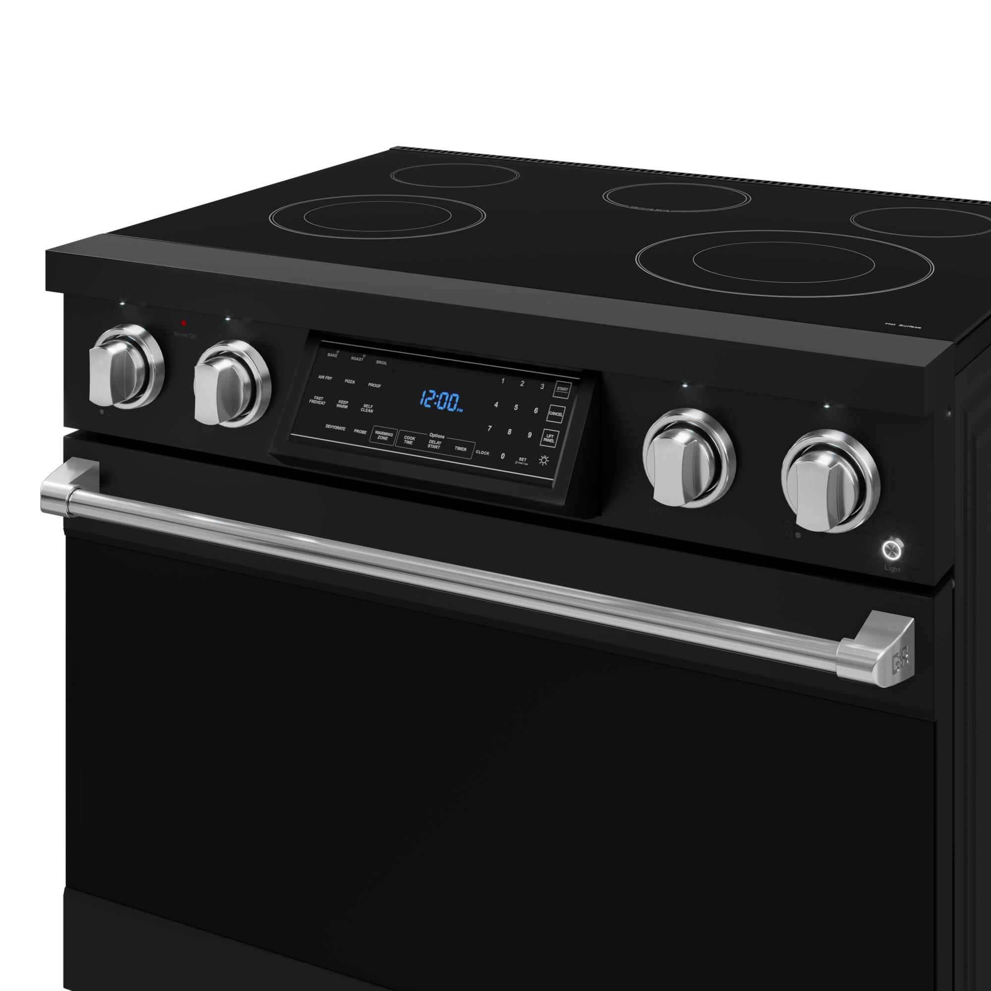The image shows a black stove with a digital display that reads "12:00".