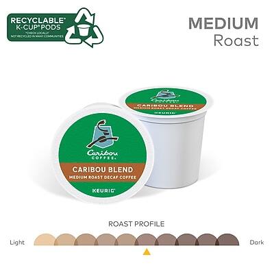 RECYCLABLE K-CUP PODS  
NOT RECYCLED IN MANY MEDIUM ROAST COMMUNITIES

CARIBOU BLEND  
MEDIUM ROAST DECAF COFFEE  
KEURIG

ROAST PROFILE  
Light  
Medium  
Dark