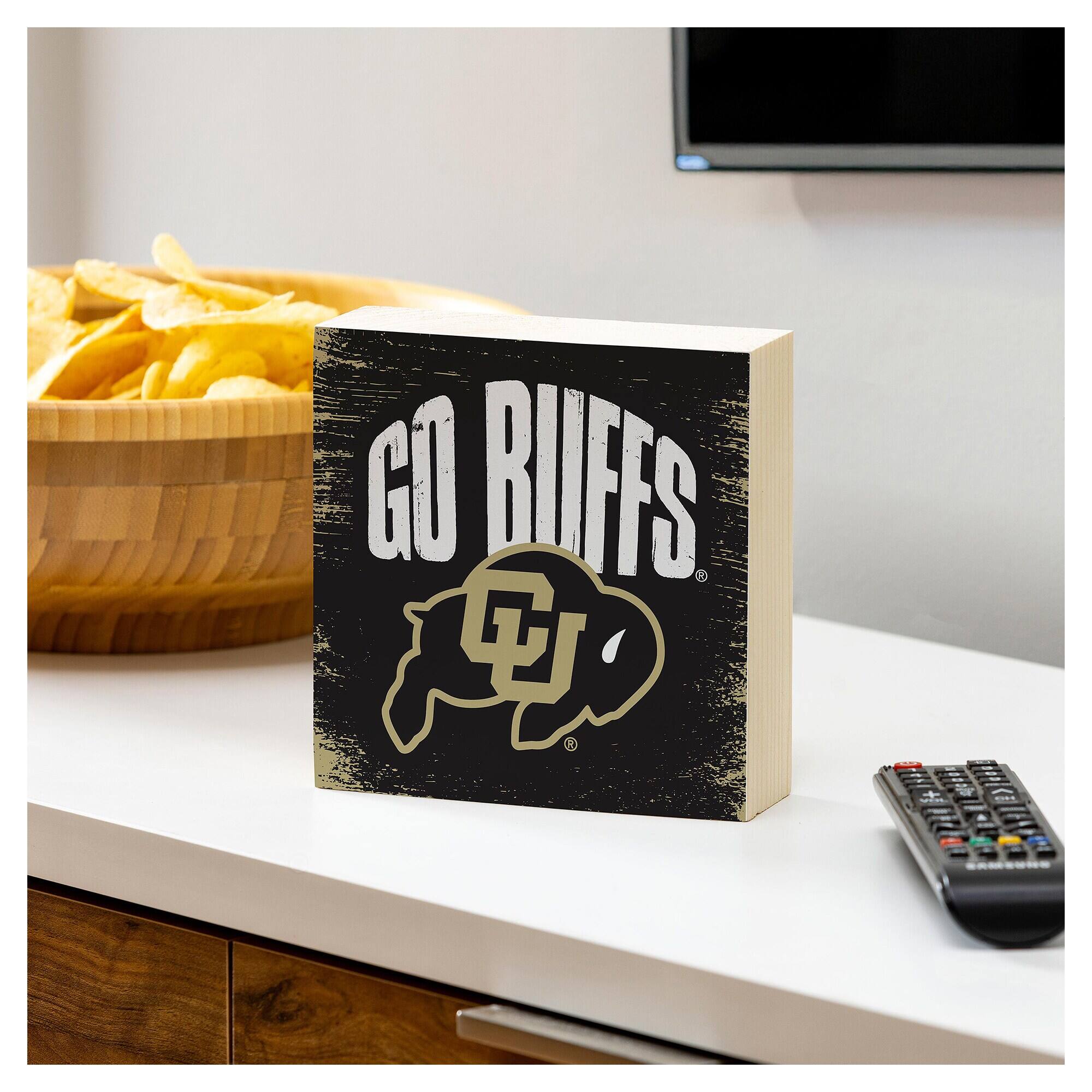 Alt View 2. Evergreen Enterprises - Colorado Buffaloes 6" Square Fan Chant Wood Block Shelf Sign - Multicolor.