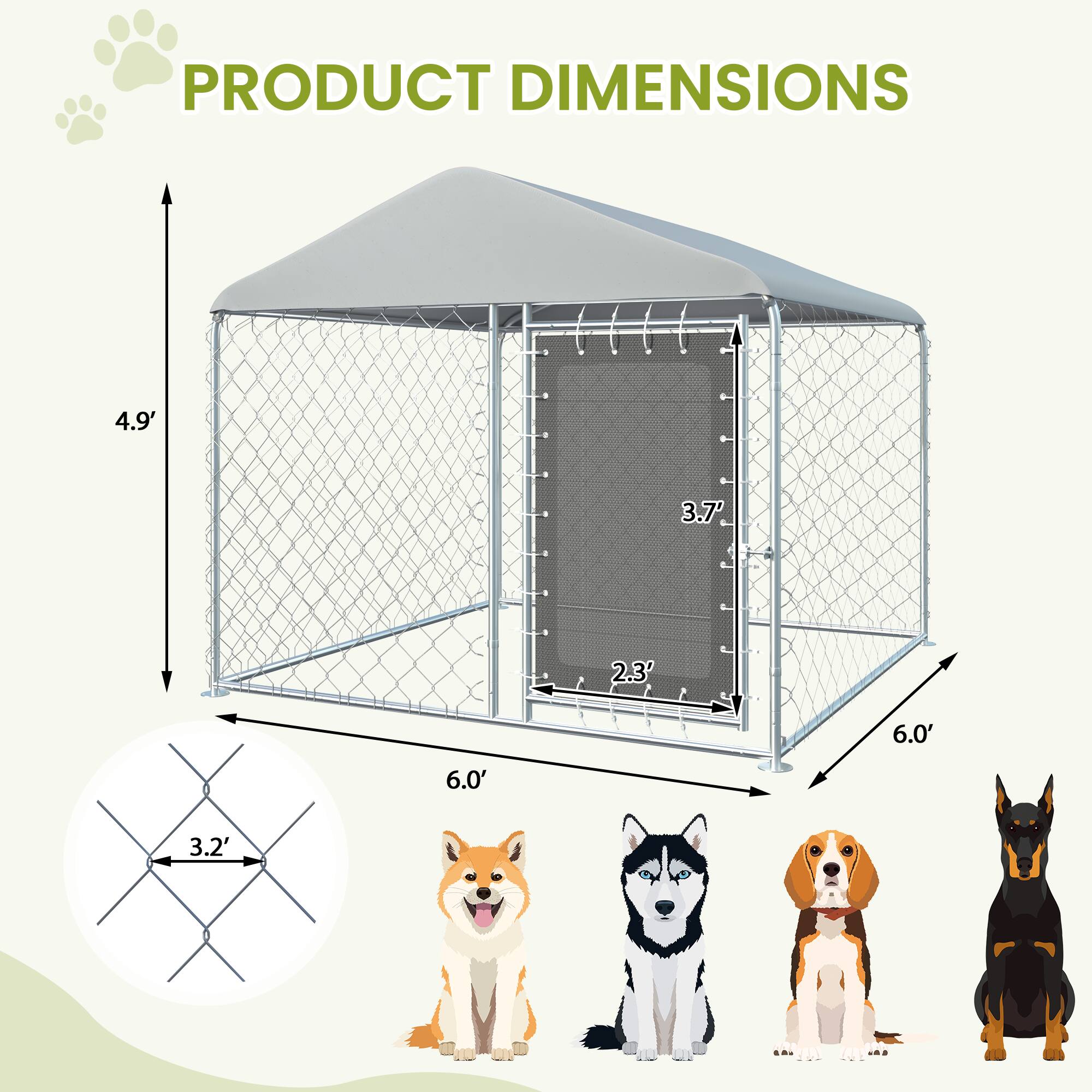 PRODUCT DIMENSIONS

- Height: 4.9'
- Width: 6.0'
- Depth: 6.0'
- Door Height: 3.7'
- Door Width: 2.3'
- Door Opening: 3.2'