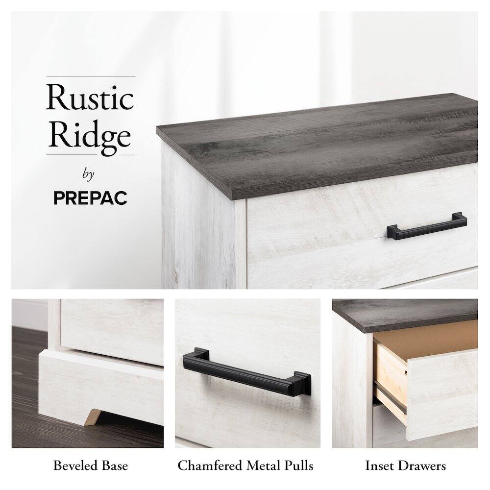 Rustic Ridge by PREPAC

Beveled Base  
Chamfered Metal Pulls  
Inset Drawers