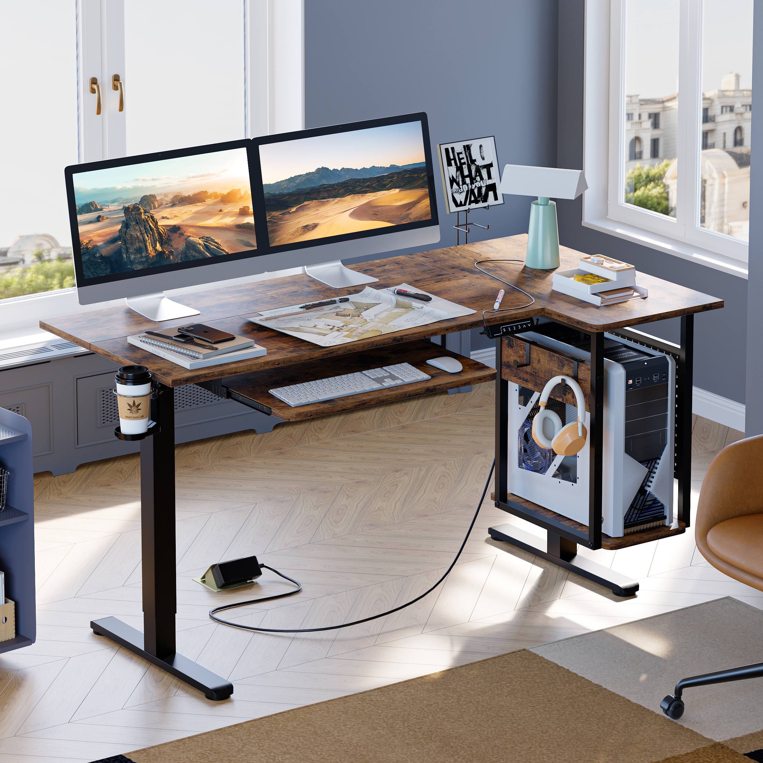 Bestier - 57" wide L-Shaped Adjustable Standing Desk with Keyboard Tray and Host Shelf - Brown