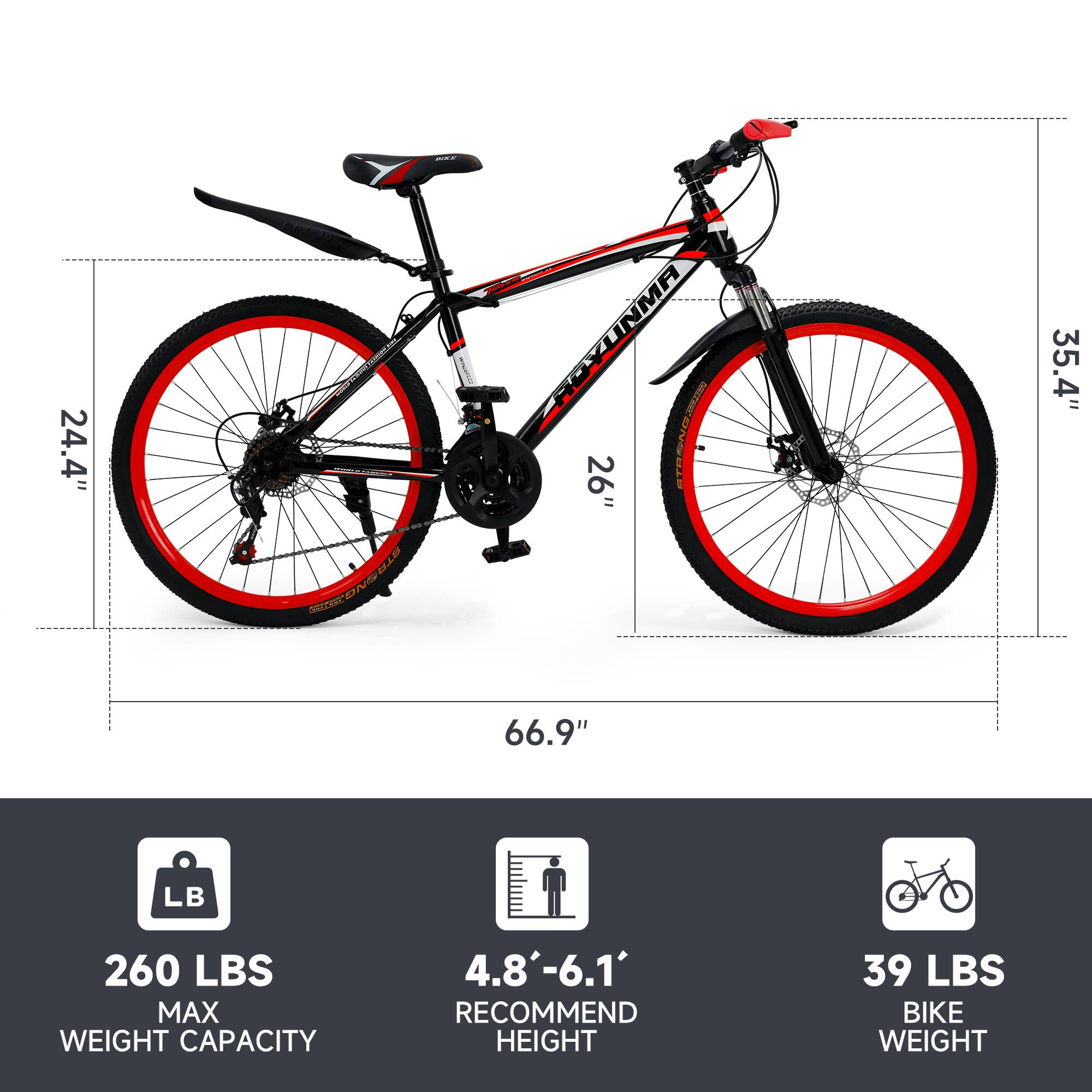 24.4" = ROYUNMA UNMA  
26" CEDNOULV = 35.4"  
66.9" LB  
260 LBS MAX WEIGHT CAPACITY  
4.8'-6.1' RECOMMEND HEIGHT  
39 LBS BIKE WEIGHT