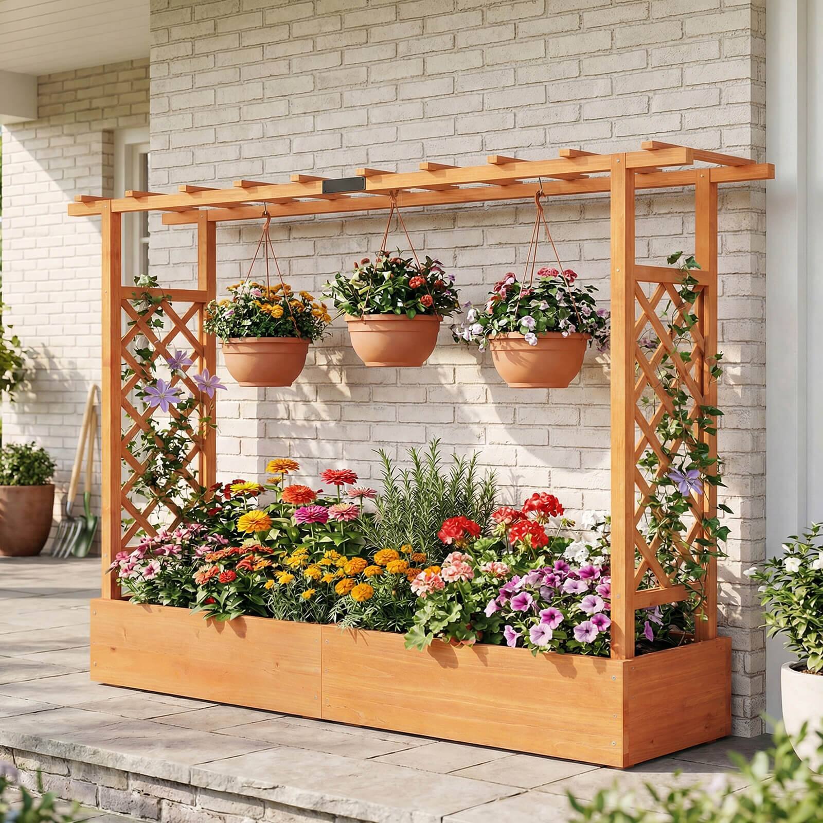 Alt View 3. Costway - Costway 2 PCS Wooden Raised Garden Bed with Trellis Hanging Roof Drainage Holes for Flowers - Orange.