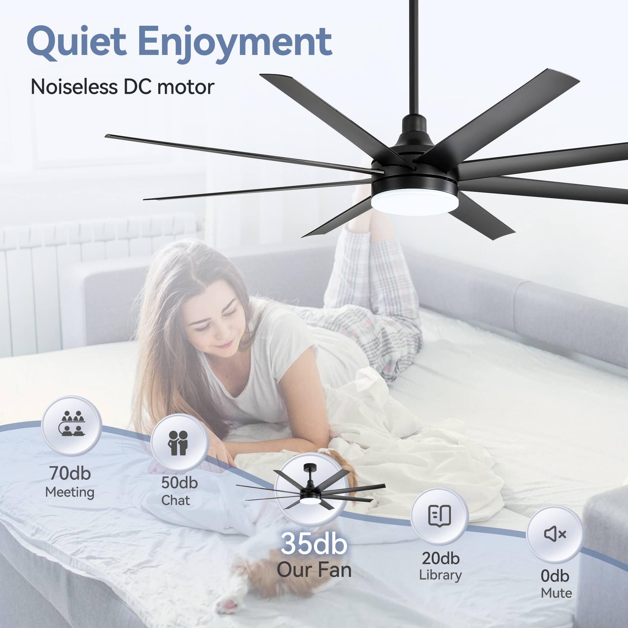 Quiet Enjoyment, Noiseless DC motor, 70db Meeting, 50db Chat, 35db Our Fan, 20db Library, 0db Mute