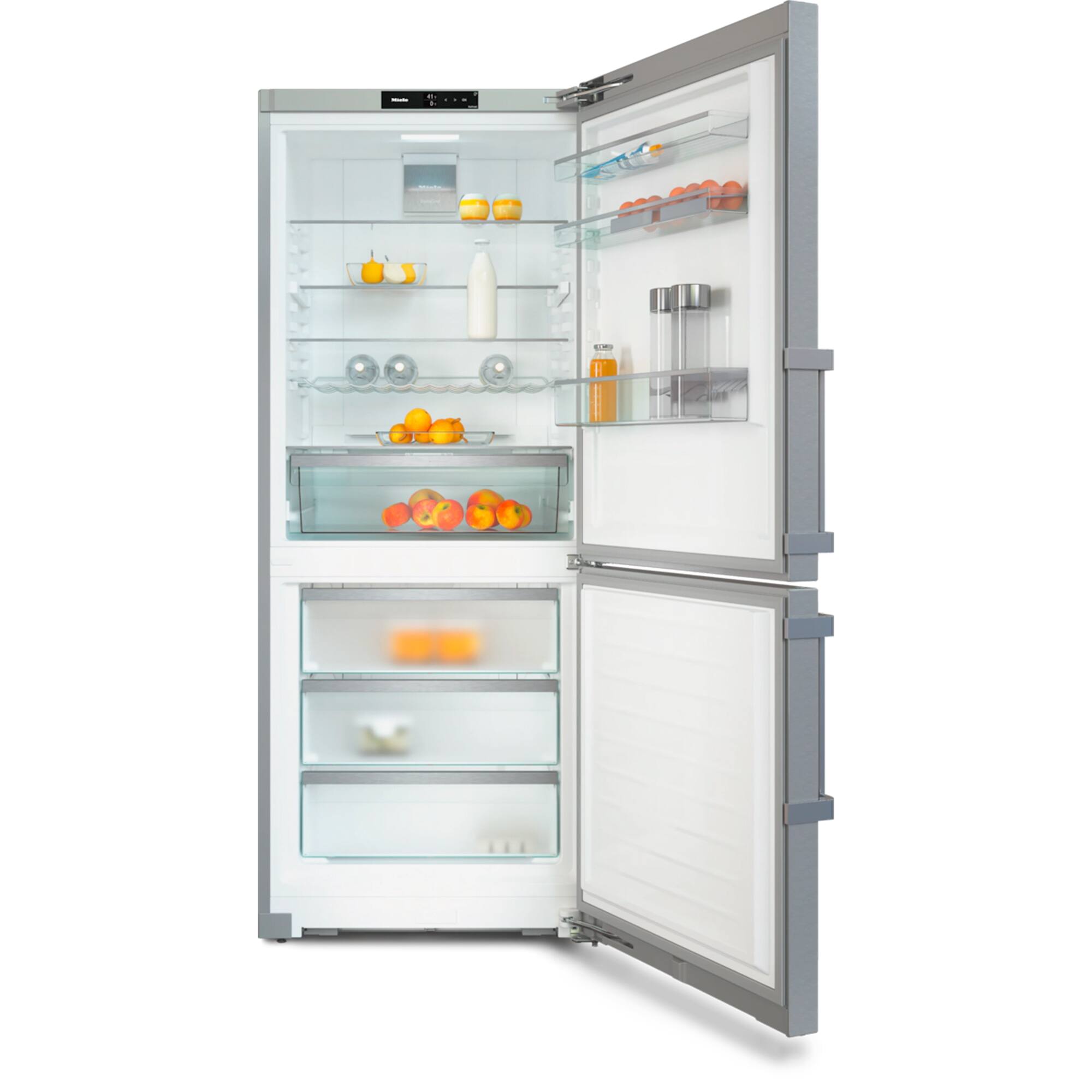 Angle. Miele - 30" PerfectCool Freestanding Bottom Mount (Clean Touch Steel) - Silver.