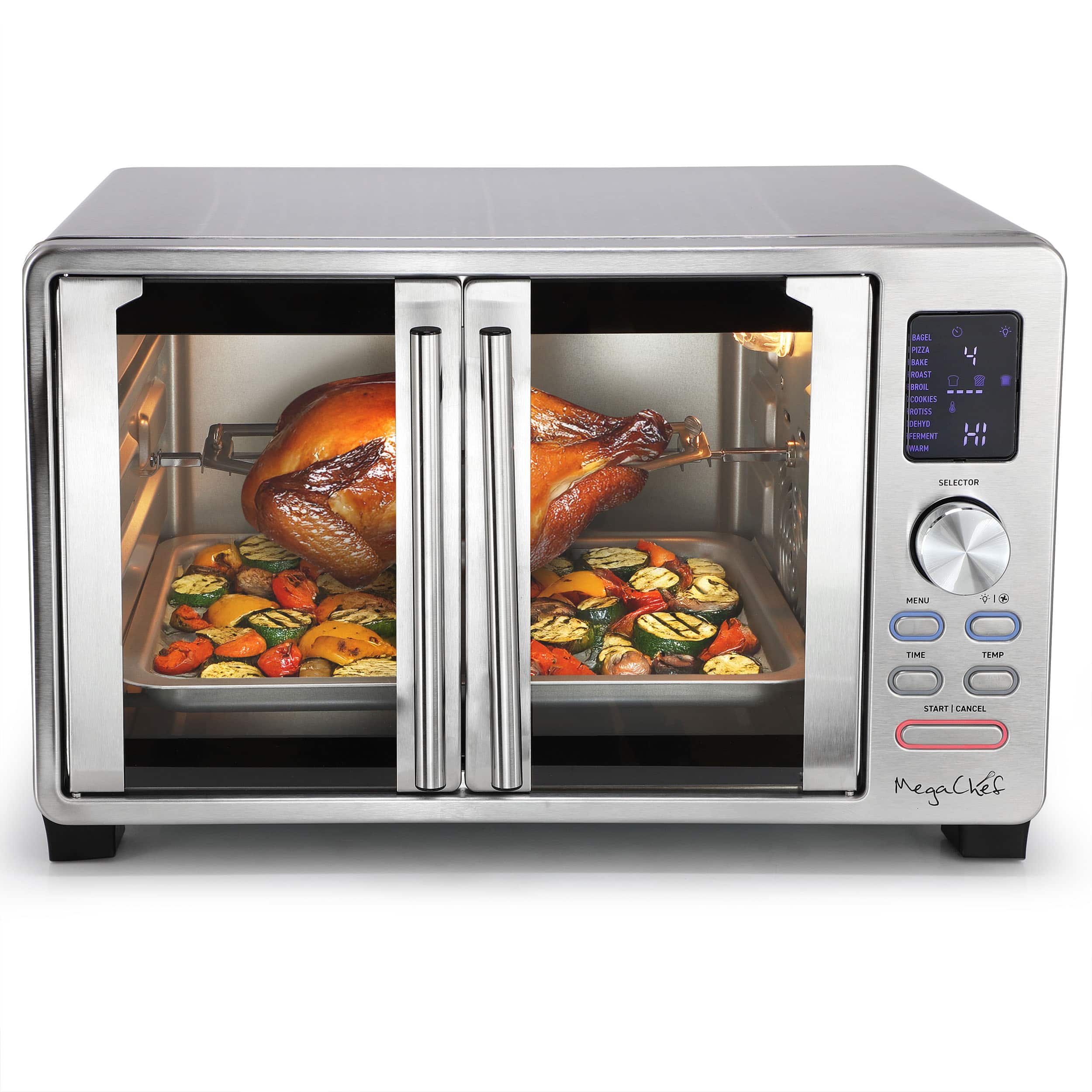 MegaChef - 26.4 Quart Digital Electric French Door Multi-Function Stainless Steel Counter Top Oven with Rotisserie Set - Silver