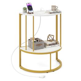 Costway - Half Moon Console Table with Power Outlets, 2-Tier Entryway Table with Storage Shelf - Gold & White