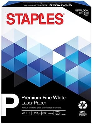 STAPLES  
NEW LOOK  
Same Great Paper  

Premium Fine White  
Laser Paper  

Premium texture for letters and important documents.  

WHITE | 32 lb | 300 sheets  

LETTER  
8.5" x 11"  

100% SATISFACTION GUARANTEE