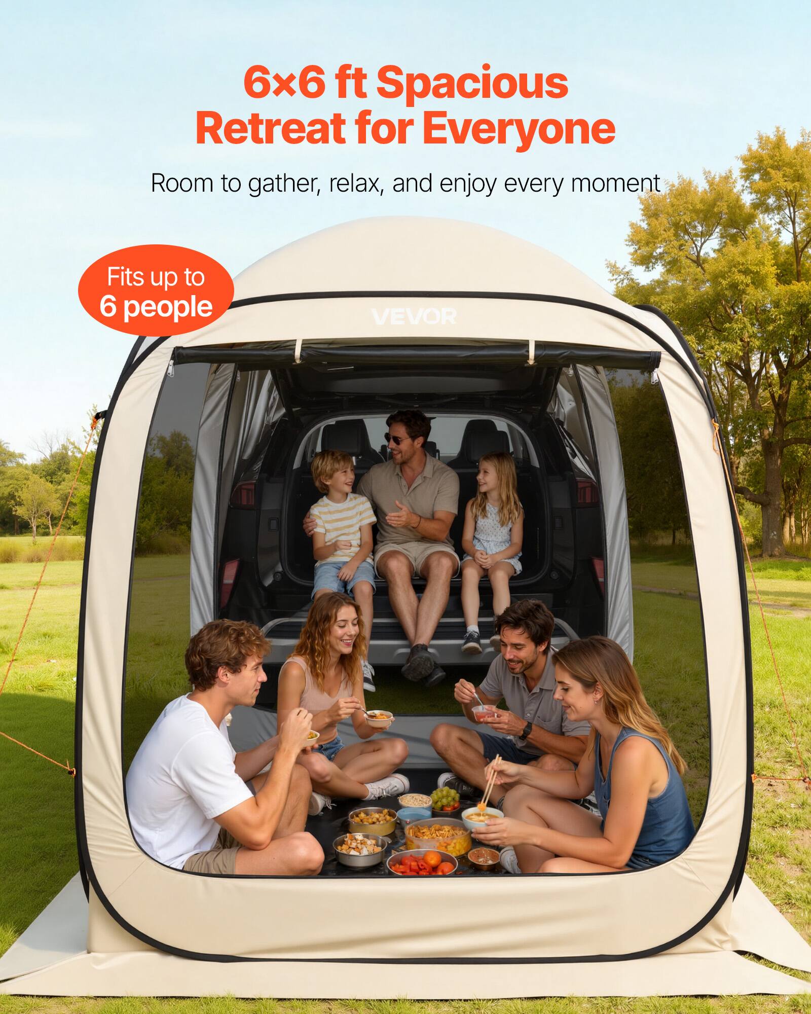 6x6 ft Spacious Retreat for Everyone  
Room to gather, relax, and enjoy every moment  
Fits up to 6 people  
VEVOR