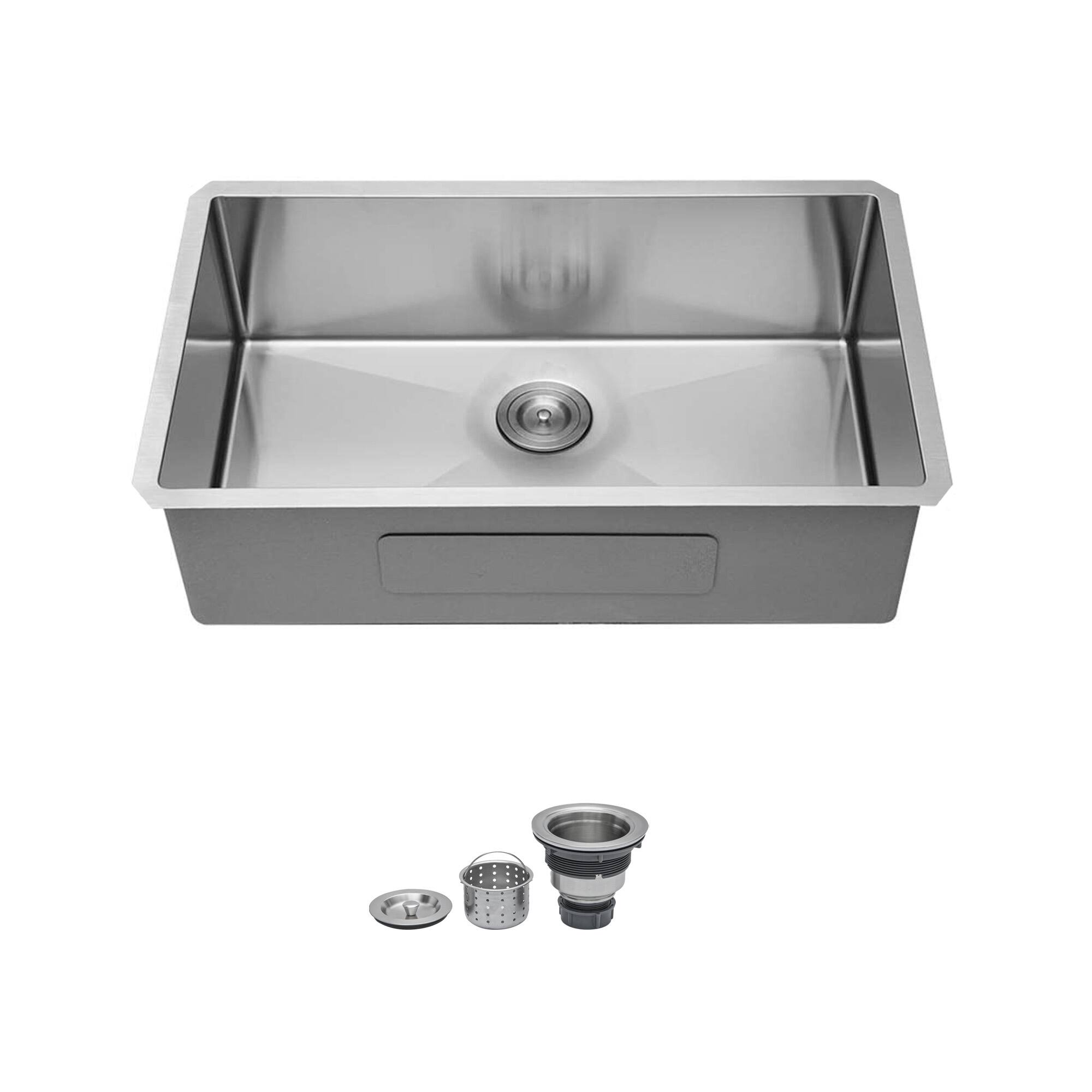 Front. Siljoy - Undermount Sink 33" x 19" x 9" Stainless Steel Kitchen Sink 16 Gauge 9" Deep Single Bowl Basin, Include Drain Assembly - Brushed Nickel.
