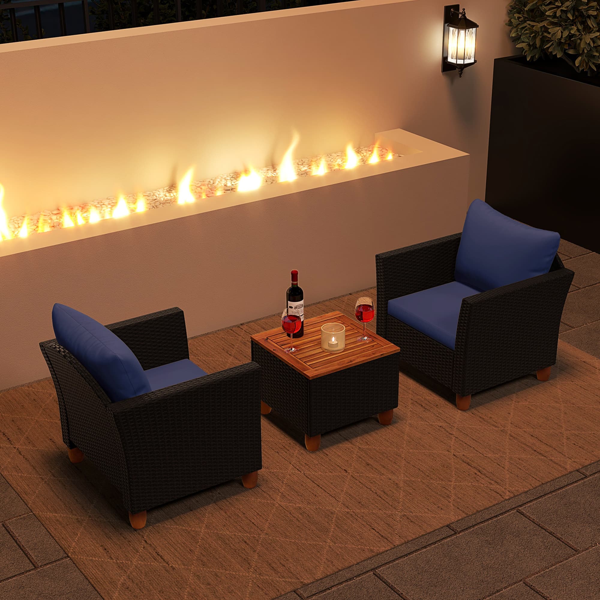 Costway - 3PCS Patio Rattan Furniture Set Cushioned Sofa Storage Table Wood Top - Navy