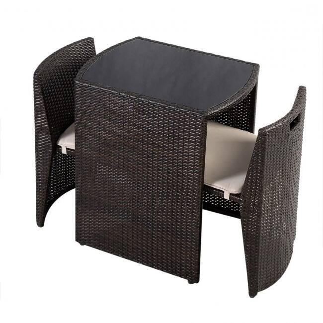 Angle. Hivvago - 3 Piece Compact Espresso/White Wicker Patio Cushioned Outdoor Chair Table Set - Espresso/White.
