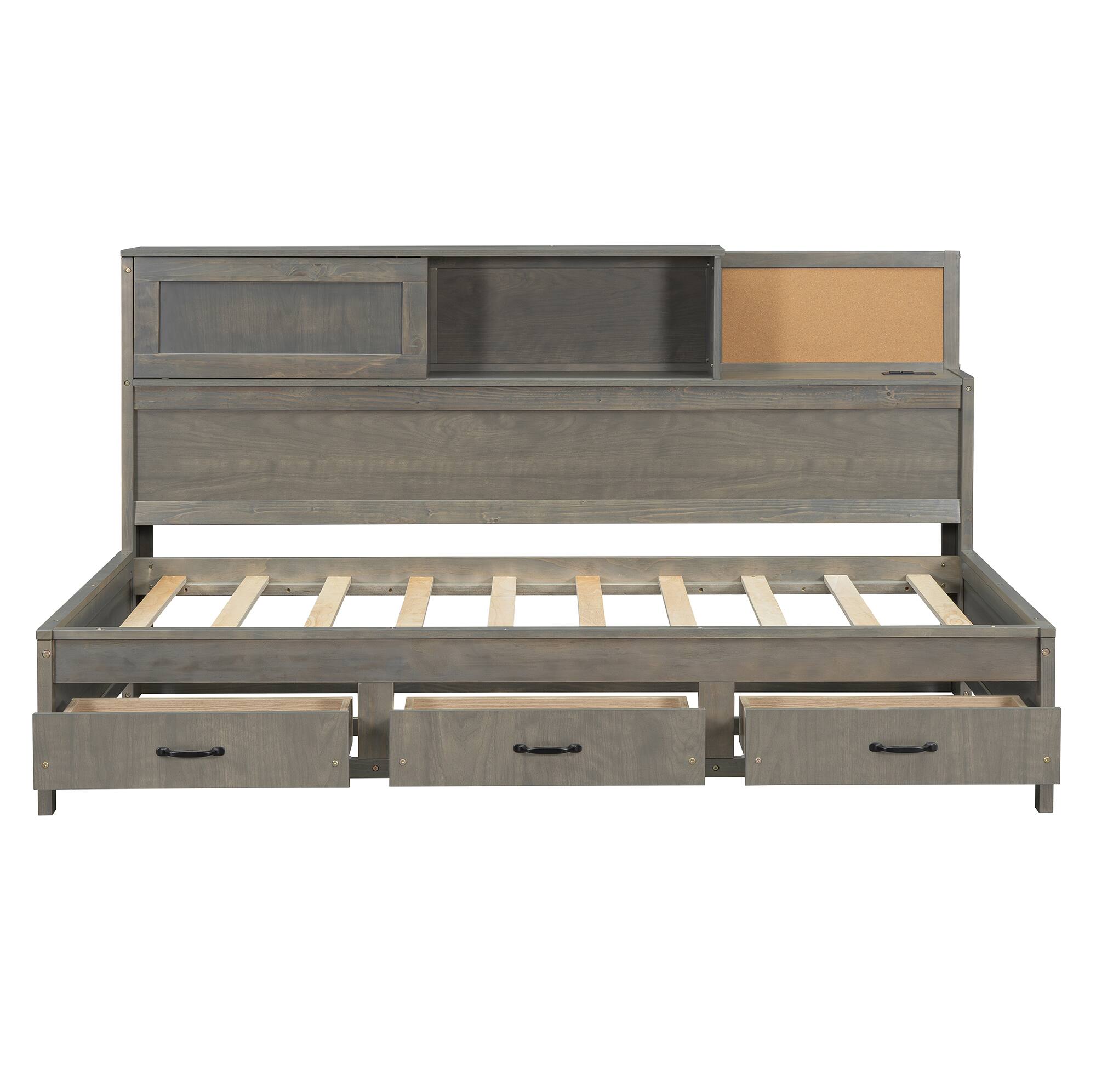 Back. Tiramisubest - Twin Size Wooden Daybed with 3 Storage Drawers, Upper Soft Board, shelf, and a set of Sockets and USB Ports, Gray - Gray.