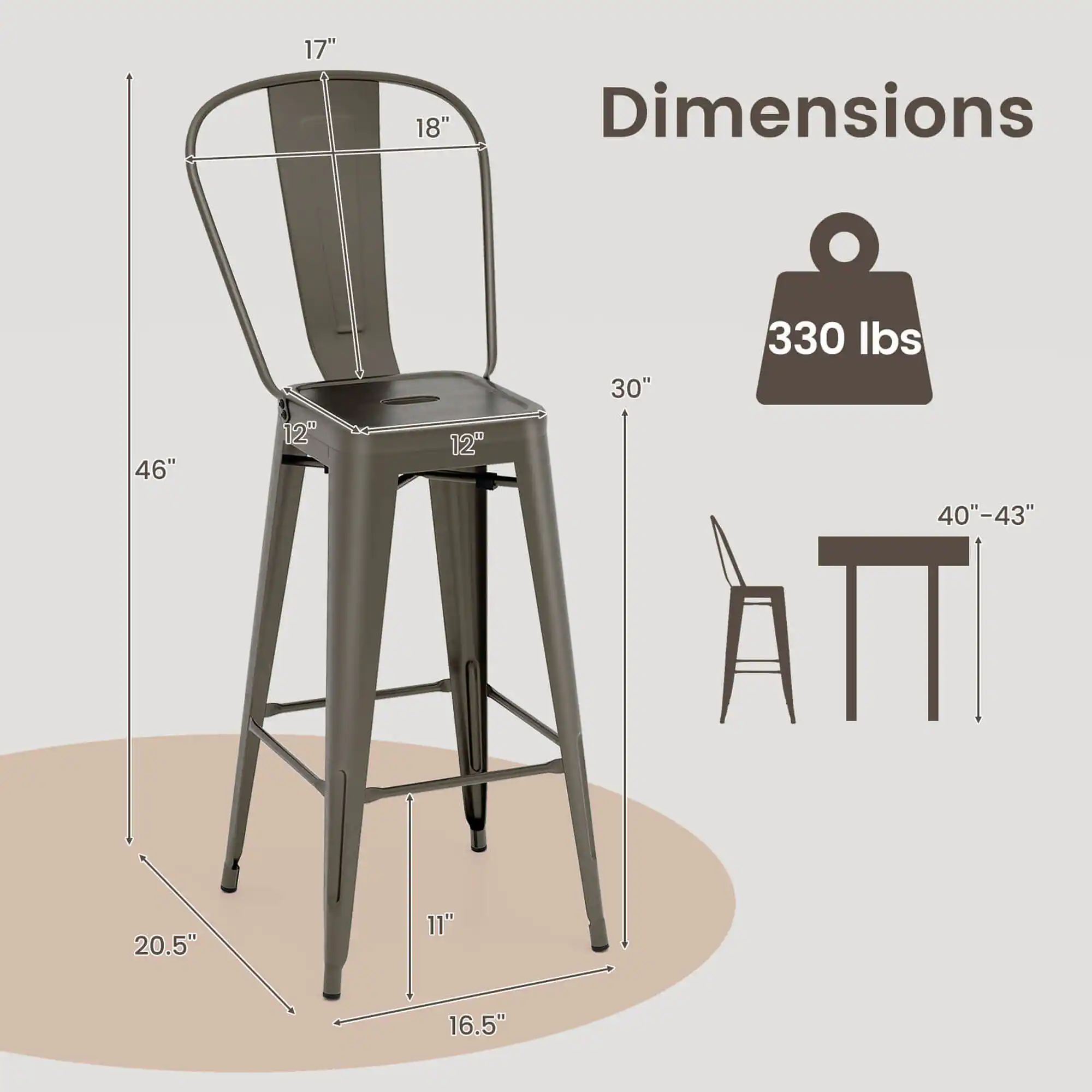 Dimensions: 46" 12" 12" 30" 330 lbs. 40"-43" 20.5" 11" 16.5".