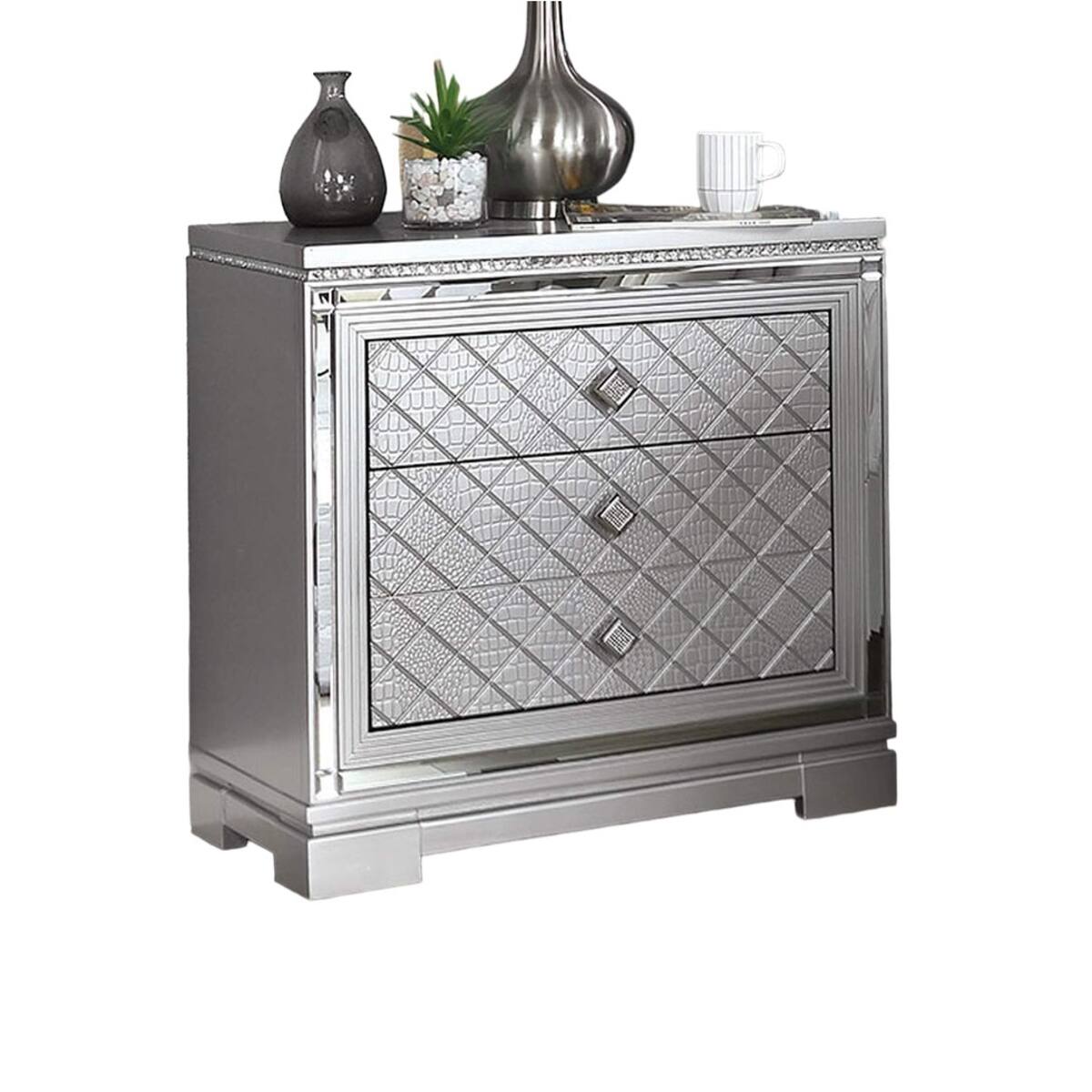 Alt View 1. Loheer - Loheer Silver Nightstand with USB Charger, Three-Drawer Bedside Cabinet with Hidden Jewelry Storage - Silver.
