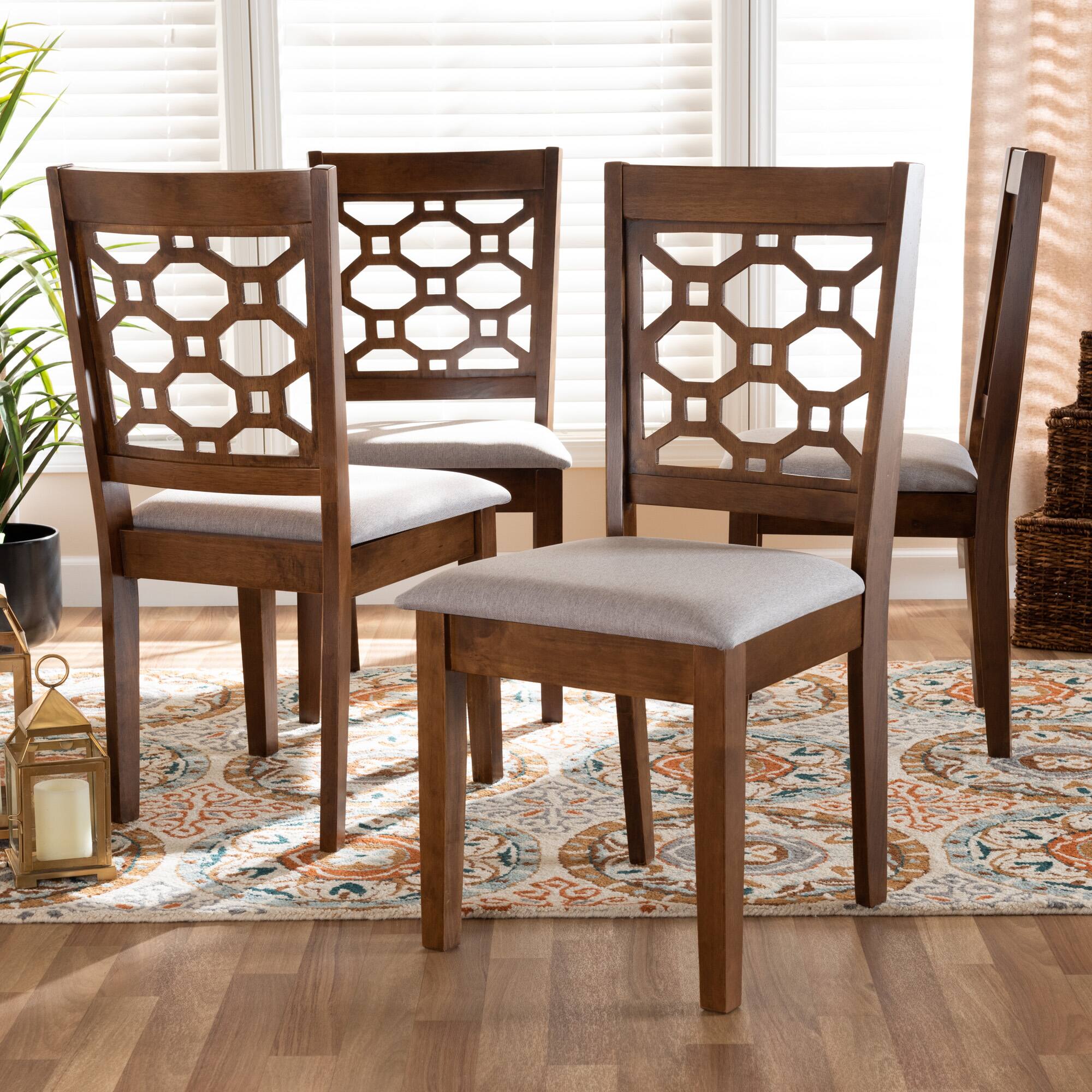 Back. Baxton Studio - Peter Modern Fabric Upholstered and Finished Wood 4-Piece Dining Chair Set - Grey/Walnut brown.