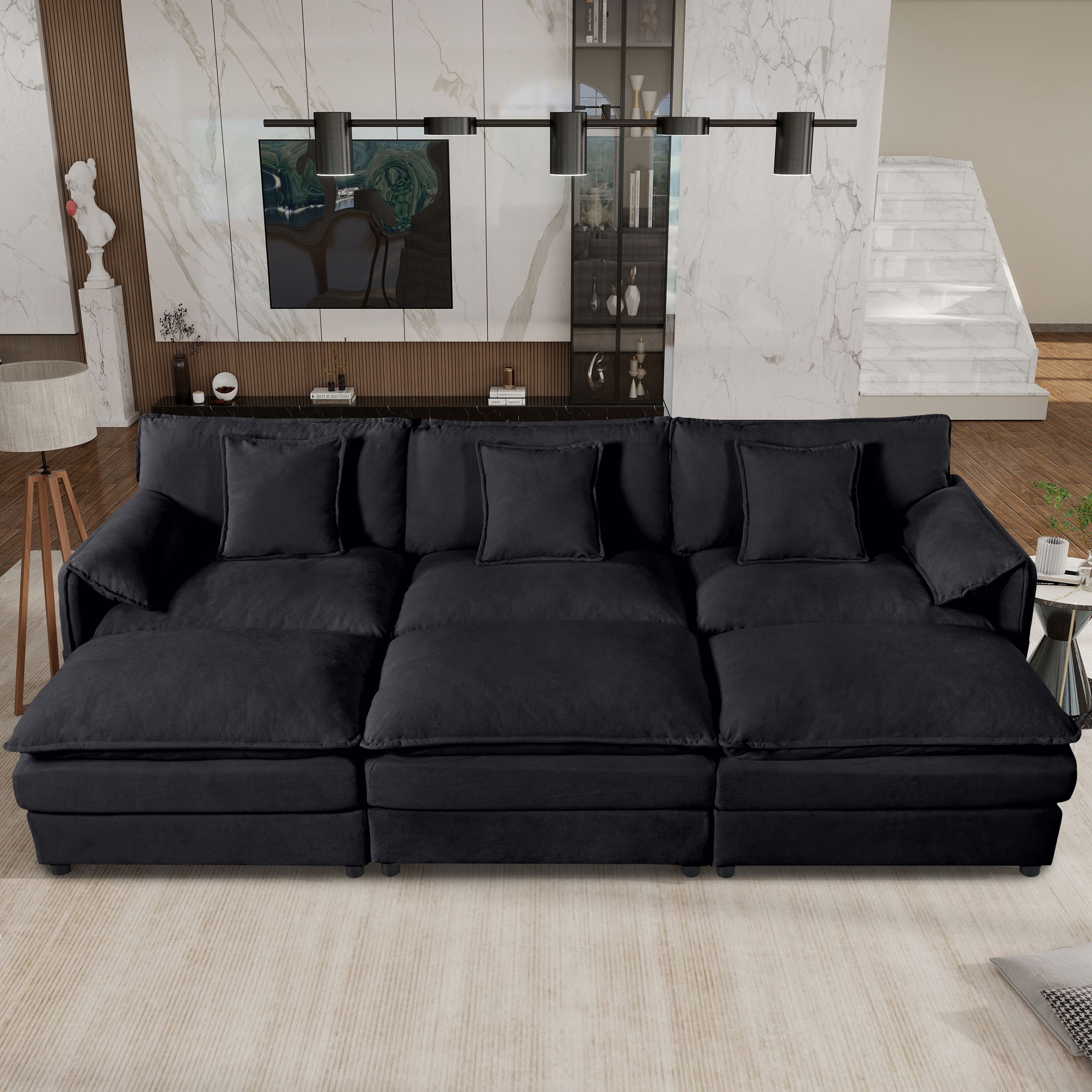 Anysun - Oversized Deep-Seat Sectional Cloud Sofa Sleeper with 3 Ottomans & Pillows - Modular Chenille Couch Bed for Living Room - Black