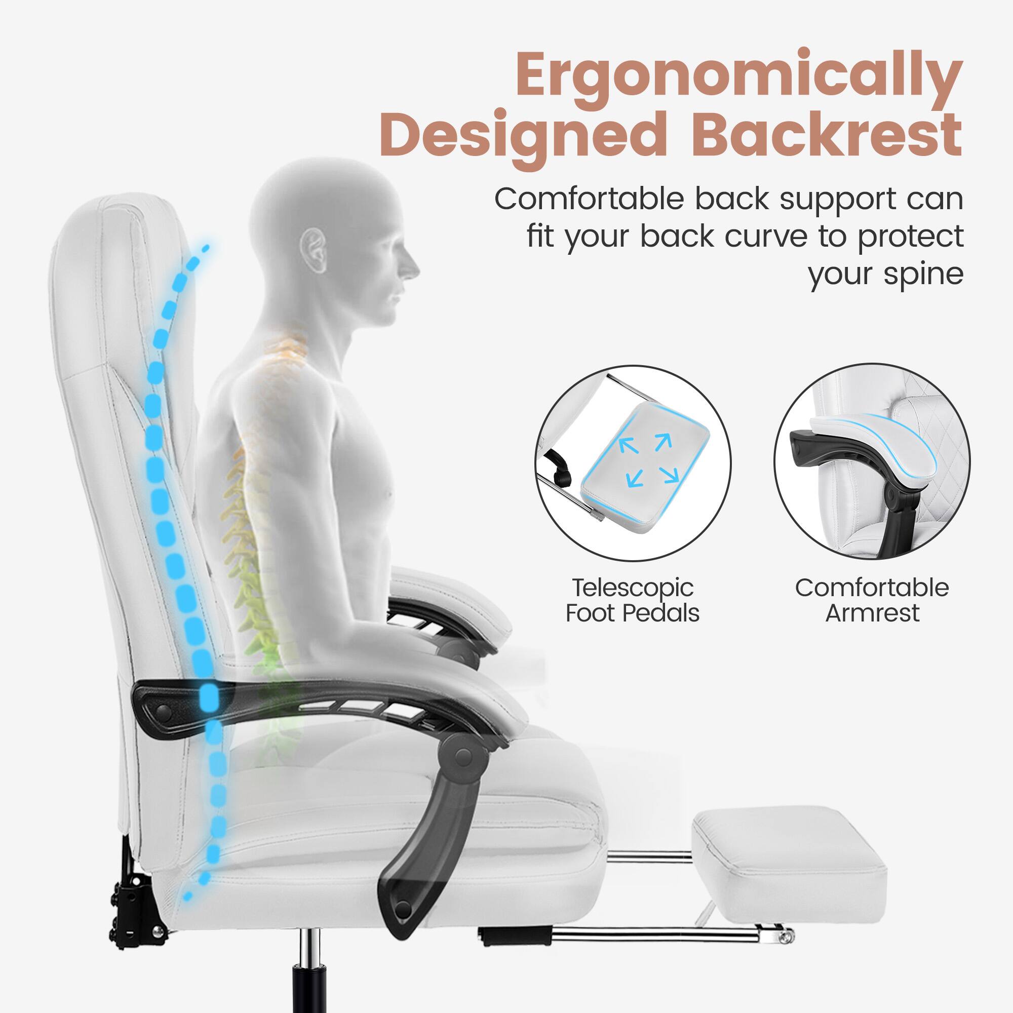 Ergonomically Designed Backrest  
Comfortable back support can fit your back curve to protect your spine  

Telescopic Foot Pedals  
Comfortable Armrest