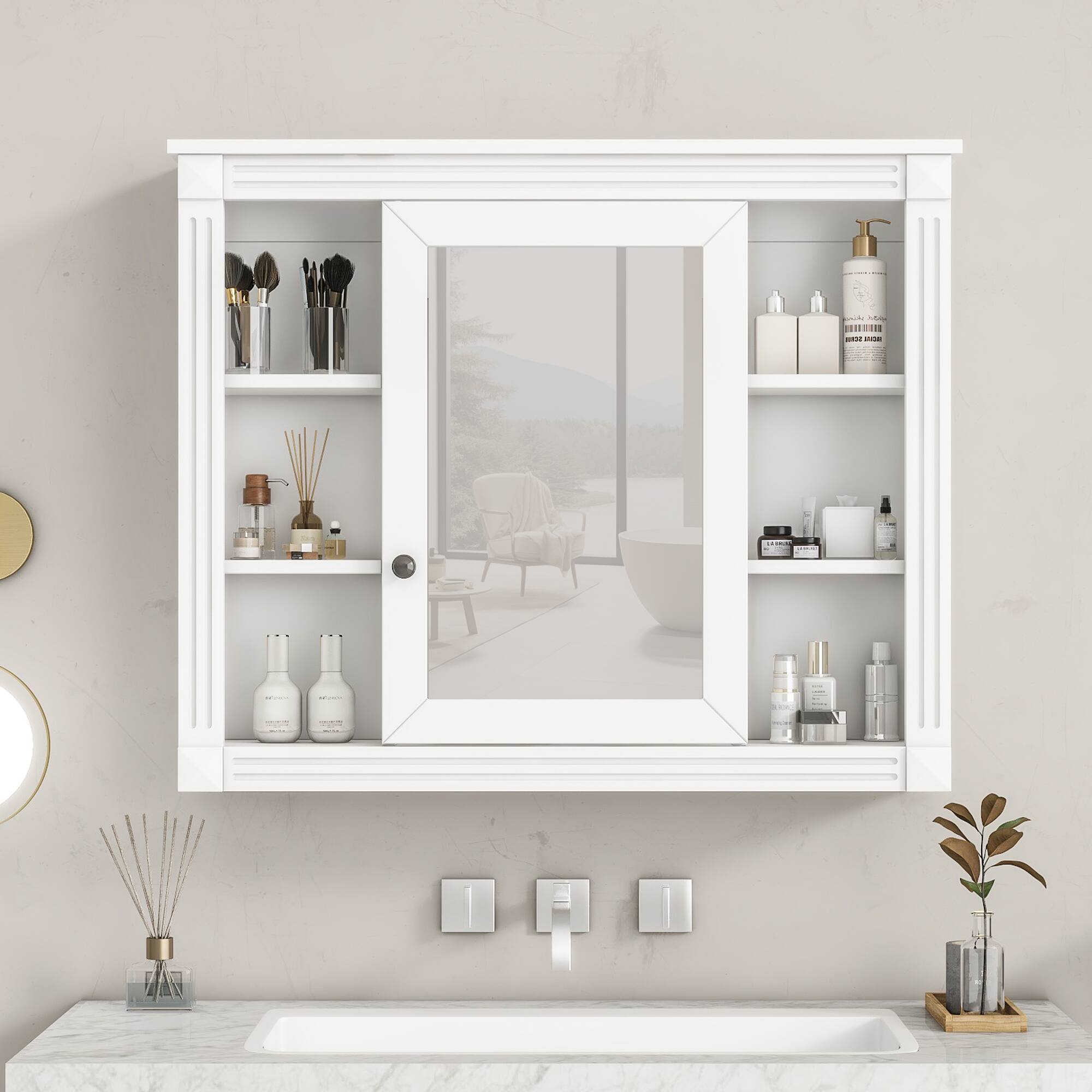 Alt View 7. Ecooso - 35x28in Bathroom Storage Cabinet with Mirror, Wall Mounted Medicine Cabinet, 6 Open Shelves - White.