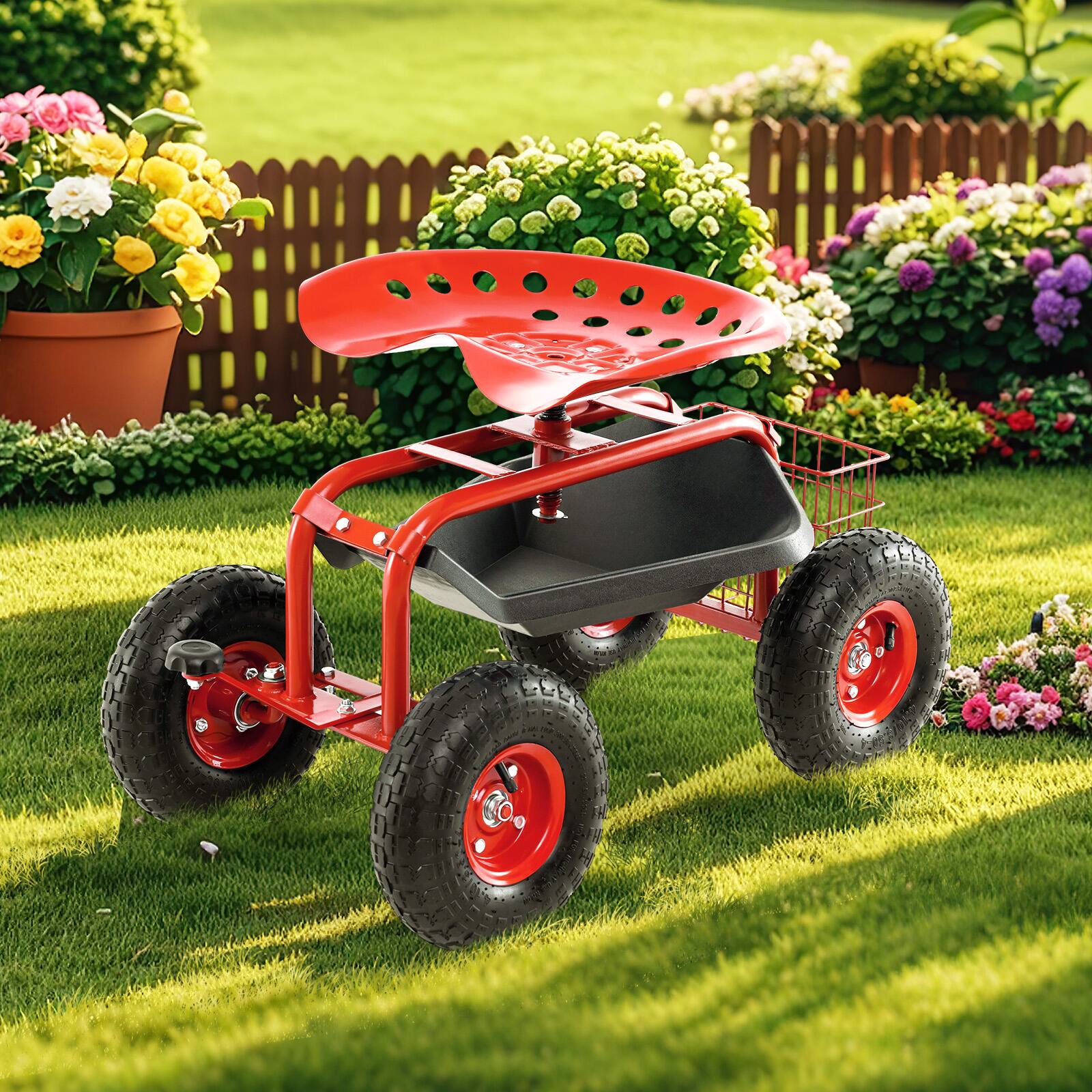 Alt View 3. Gymax - Gymax Cart Wagon Rolling Work Seat w/ Tool Tray Basket Planting Patio Red - Red.