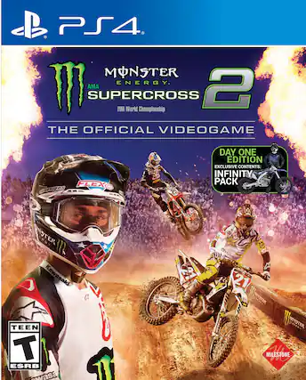 The corrected text is:
"PS4. Monster Energy AMA Supercross FIM World Championship 2: The Official Videogame. Day One Edition. Exclusive Contents: Infinity Pack. TEEN ESRB. Kawasaki. Monster. Milestone. Mission." - E (Everyone)