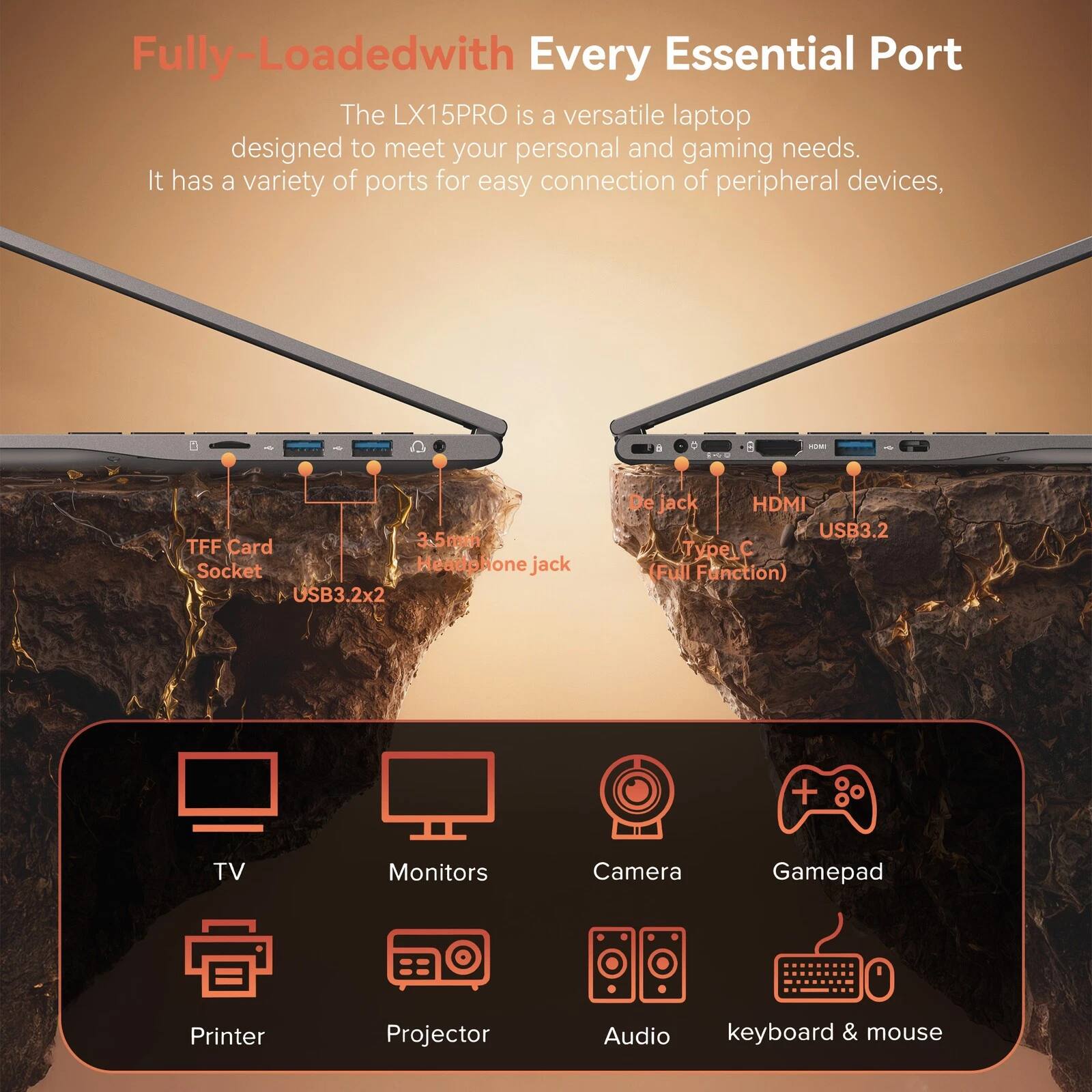 Fully-Loaded with Every Essential Port

The LX15PRO is a versatile laptop designed to meet your personal and gaming needs. It has a variety of ports for easy connection of peripheral devices, including:

- TFF Card Socket
- 3.5mm Headphone Jack
- USB3.2x2
- HDMI
- USB3.2 Type C (Full Function)

Compatible with:
- TV
- Monitors
- Camera
- Gamepad
- Printer
- Projector
- Audio
- Keyboard & Mouse