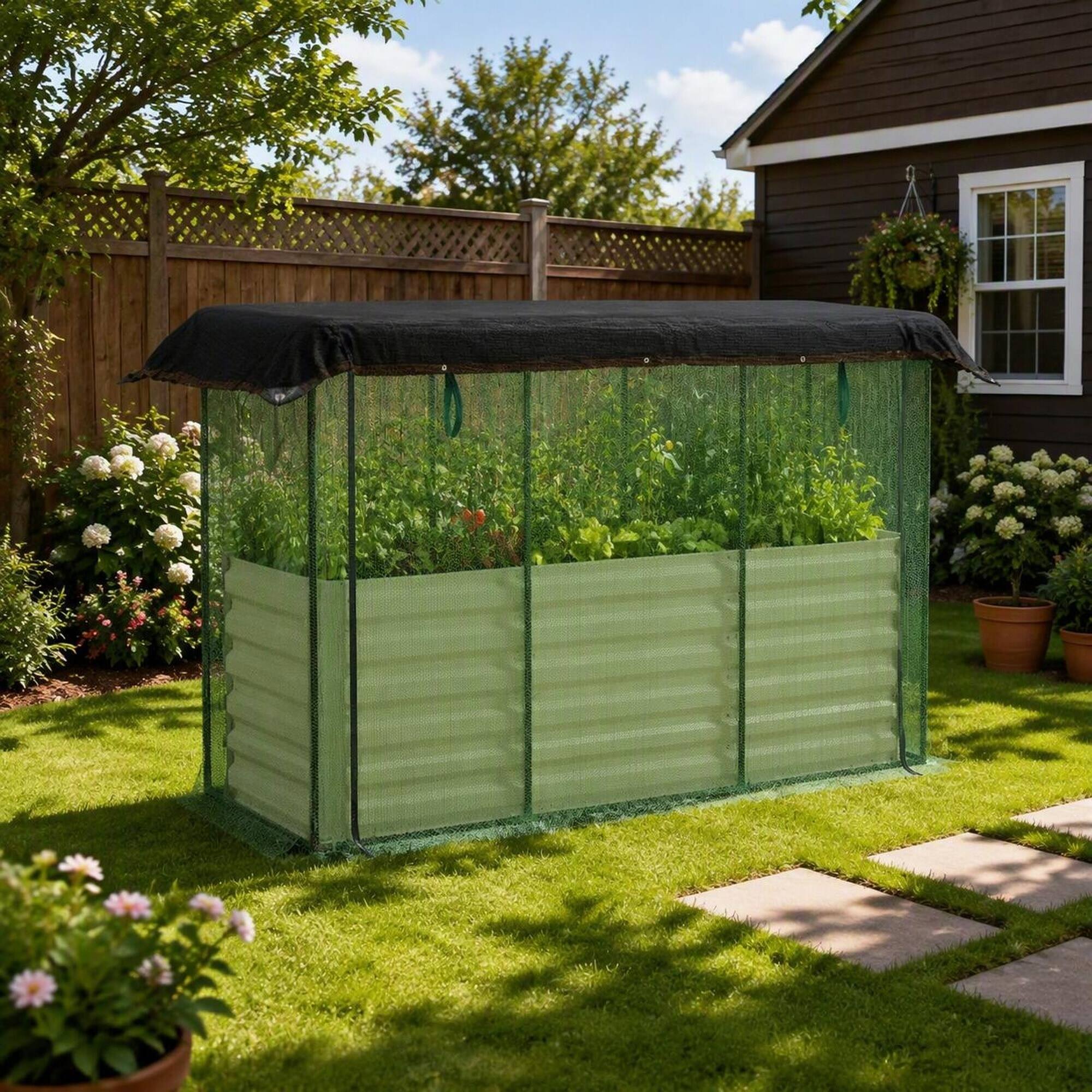 Alt View 2. RYHNUYNE - Raised Garden Bed with Crop Cage and Shade Cloth, Galvanized Steel Planter Box with Open Bottom for Vegetables - Beige.