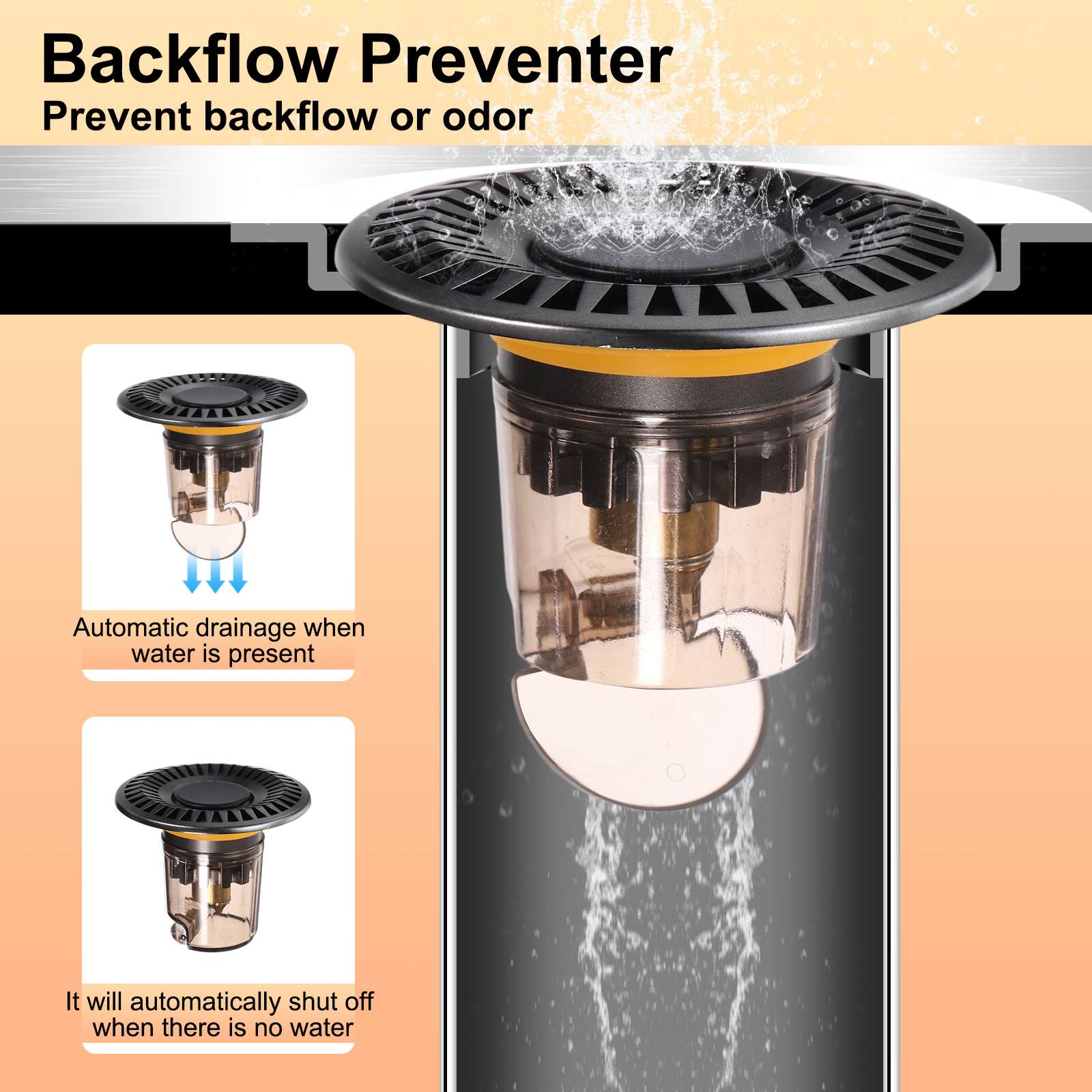 Backflow Preventer  
Prevent backflow or odor  

Automatic drainage when water is present  

It will automatically shut off when there is no water