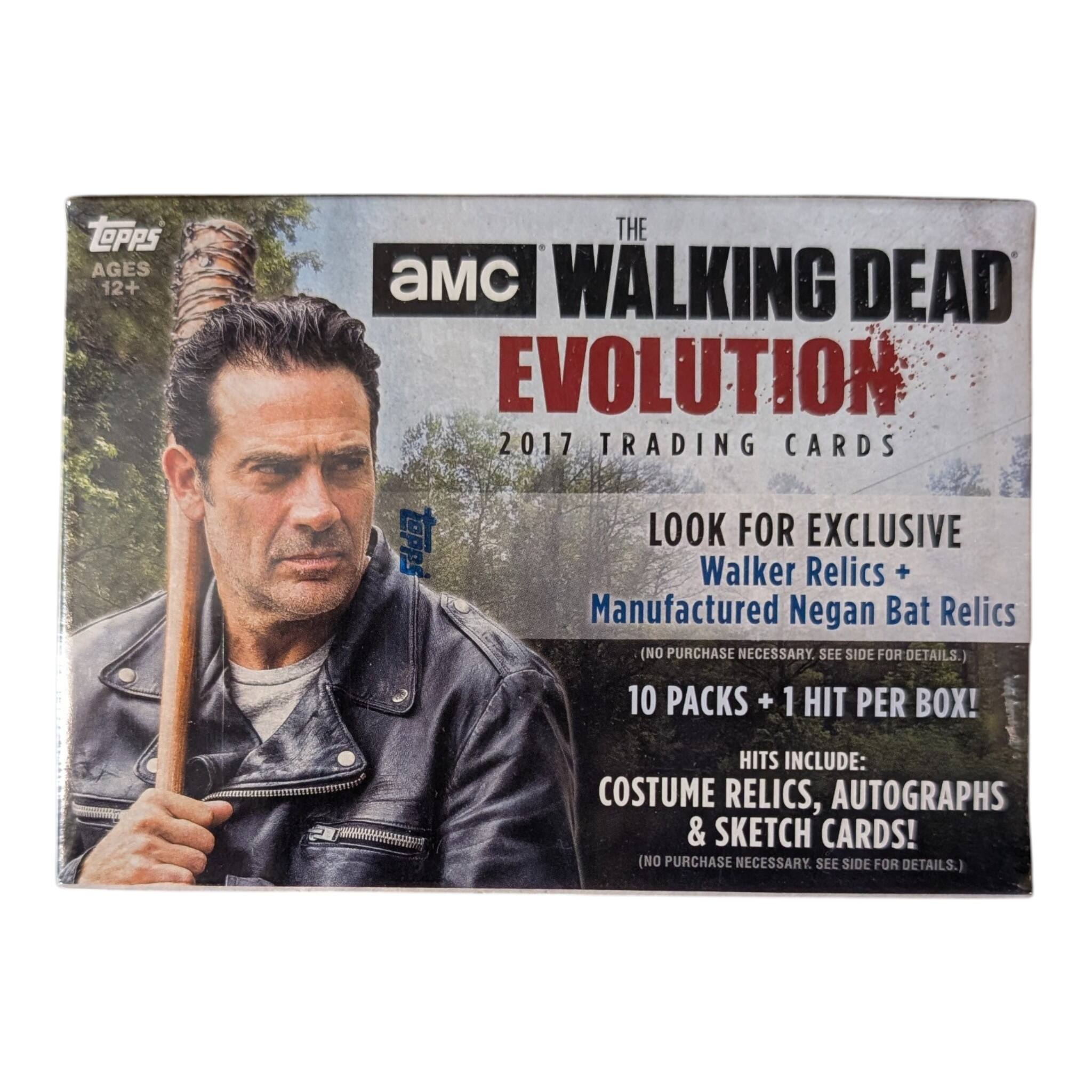 The Walking Dead Evolution 2017 Trading Cards

Topps

Ages 12+

AMC

Look for exclusive Walker Relics + Manufactured Negan Bat Relics (No purchase necessary. See side for details.)

10 Packs + 1 Hit per Box!

Hits include: Costume Relics, Autographs & Sketch Cards! (No purchase necessary. See side for details.)