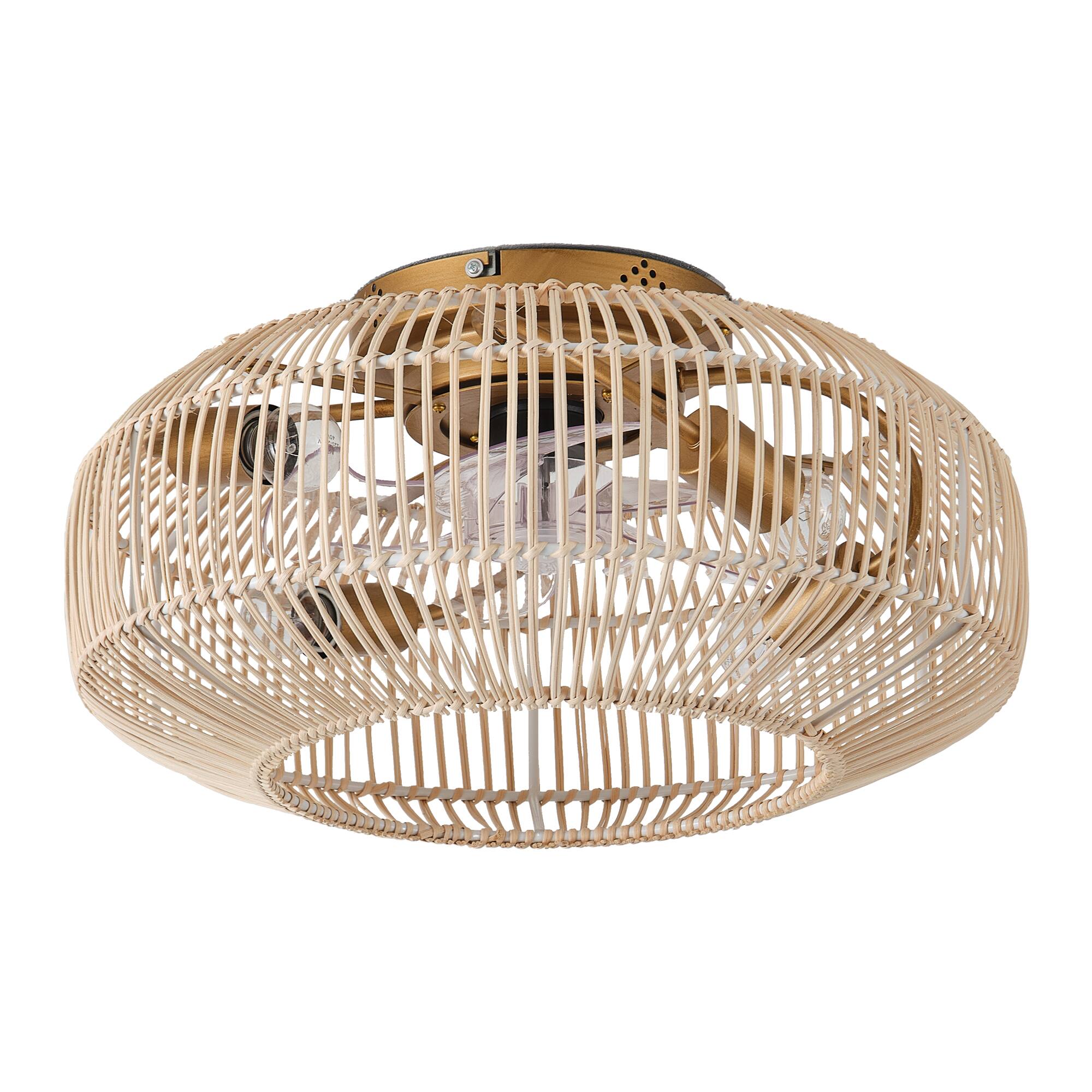 Alt View 9. Parrot Uncle - 20" Coastal Weave Rattan Gold Flush Mount Caged Ceiling Fan with Remote - Gold.