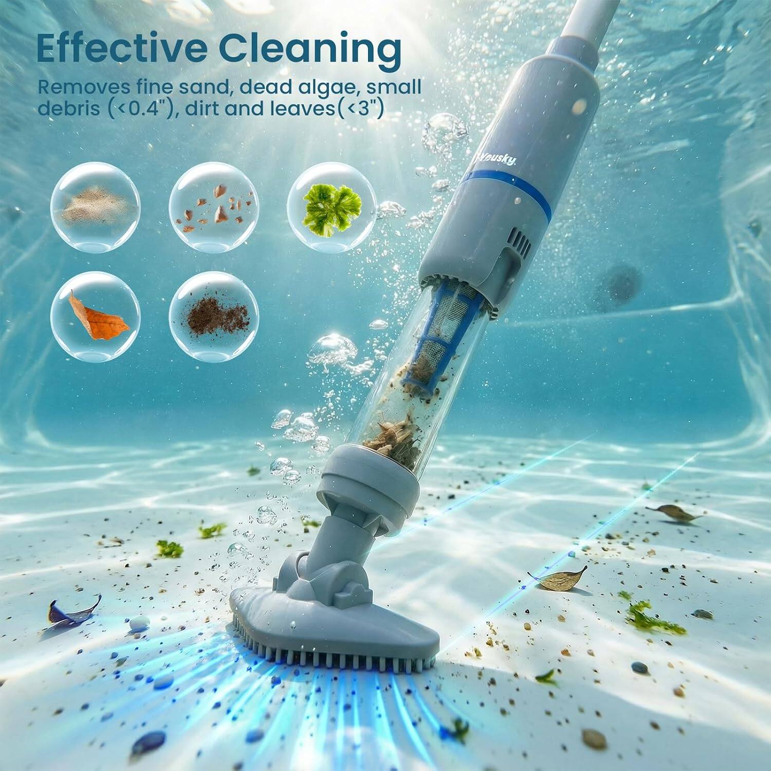 Effective Cleaning  
Removes fine sand, dead algae, small debris (<0.4"), dirt and leaves (<3")