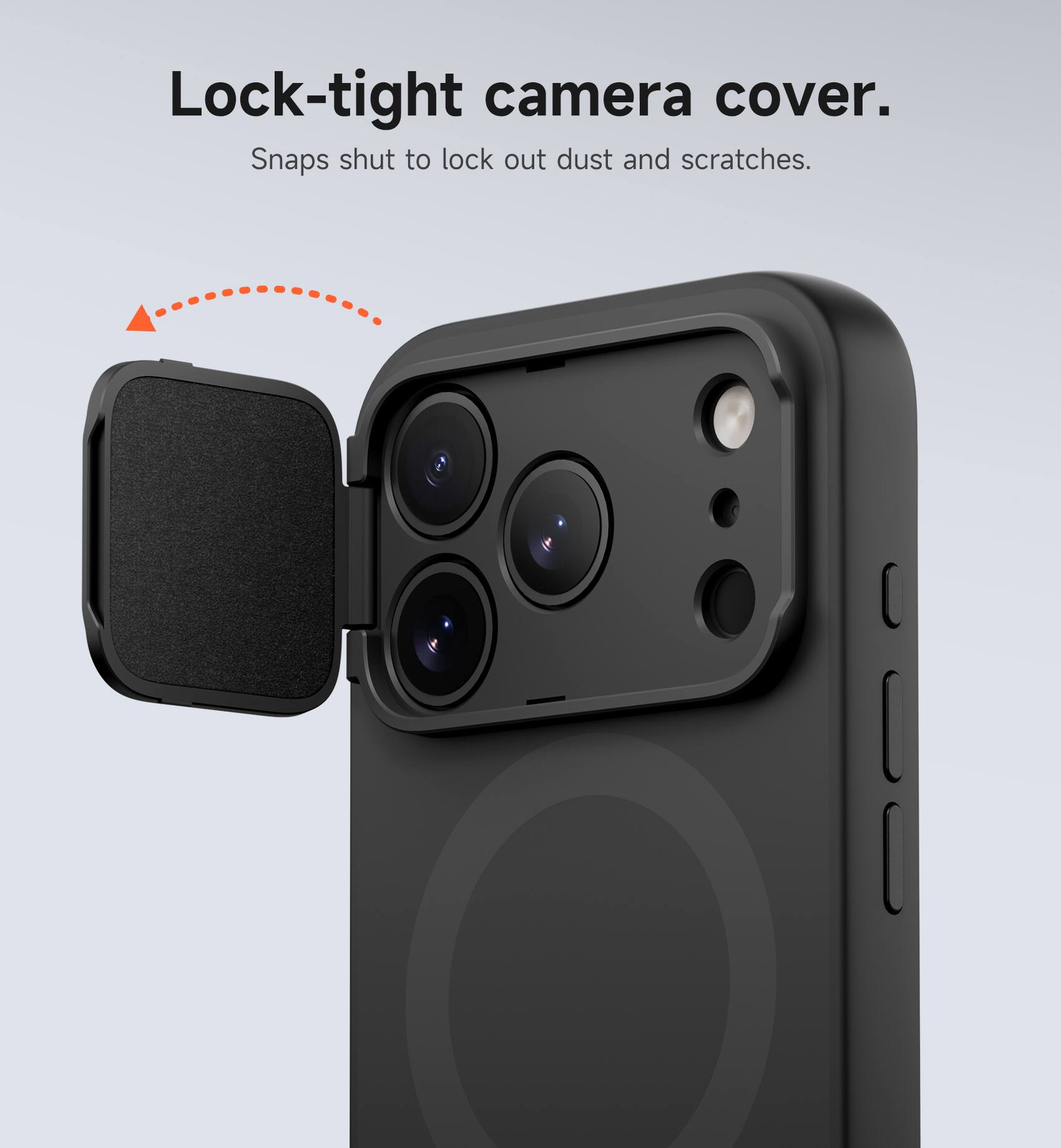 Lock-tight camera cover. Snaps shut to lock out dust and scratches.