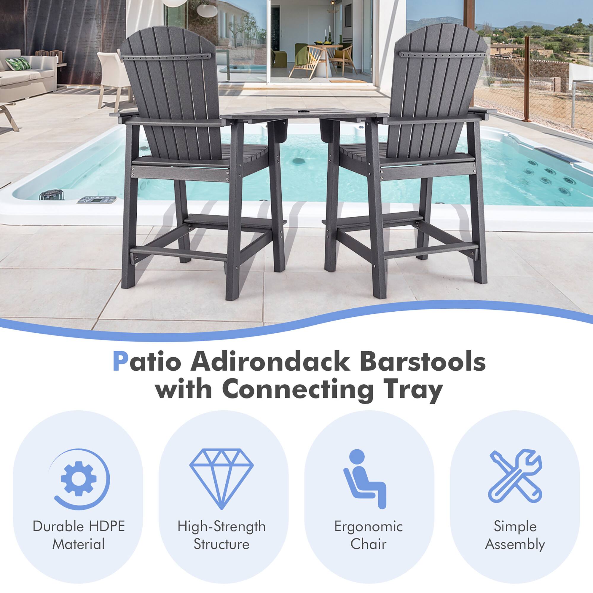 Patio Adirondack Barstools with Connecting Tray
Durable HDPE Material
High-Strength Structure
Ergonomic Chair
Simple Assembly