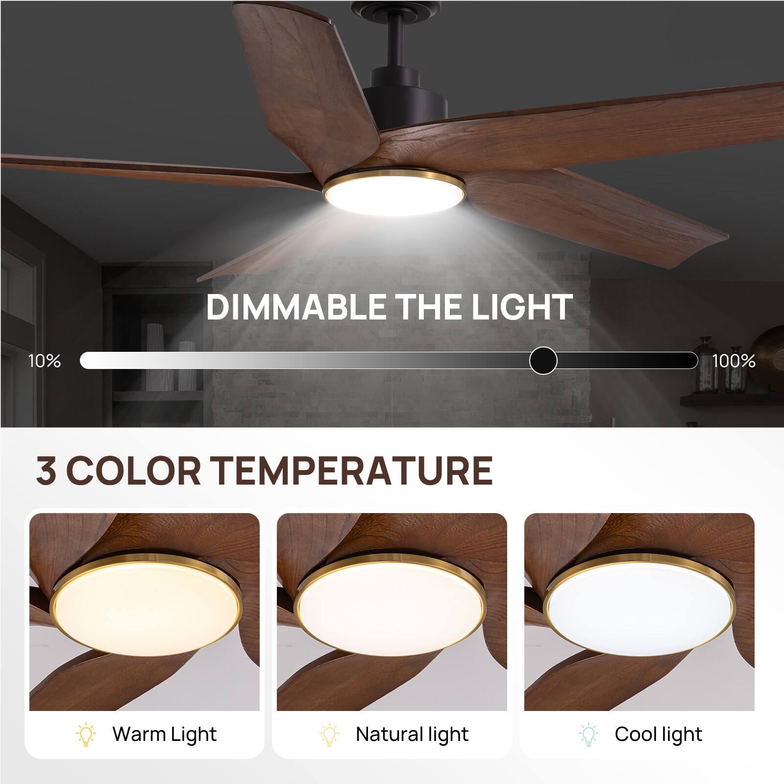 DIMMABLE THE LIGHT  
10% - 100%  

3 COLOR TEMPERATURE  
Warm Light  
Natural Light  
Cool Light