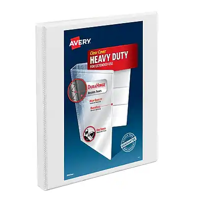 AVERY Clear Cover HEAVY DUTY FOR EXTENDED USE
DuraHinge
Reinforced Hinge
High Quality
Dura-Cover
No Tape Needed
GUARANTEED TO STAY ON
