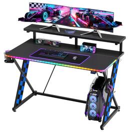 RSPGAME - Dynamic Color-Changing Gaming Desk,Ergonomic & Dual Monitor Stand,X-Frame,Carbon Fiber Surface, Racing Gear Style - Black and Blue