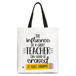 OrnamentallyYou - The Influence of a Great Teacher Canvas Tote Bag, Appreciation Gift Bag for Educators - White Black